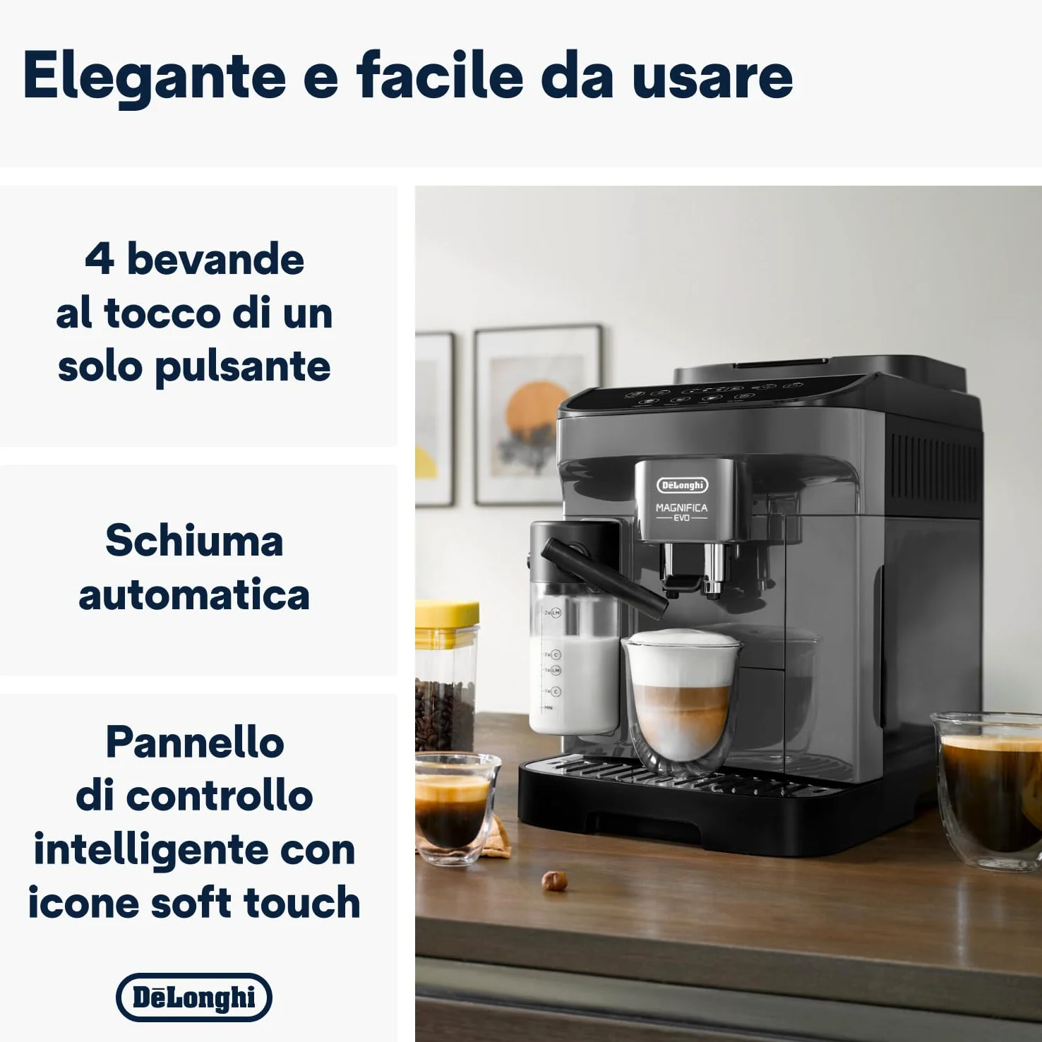 De'Longhi Magnifica Evo ECAM292.52.GB Macchina Automatica per Caffè in Chicchi, Macinacaffè Integrato, Pannello Comandi ad Icone, LatteCrema System con Caraffa Montalatte Automatica, 1450W, Nera