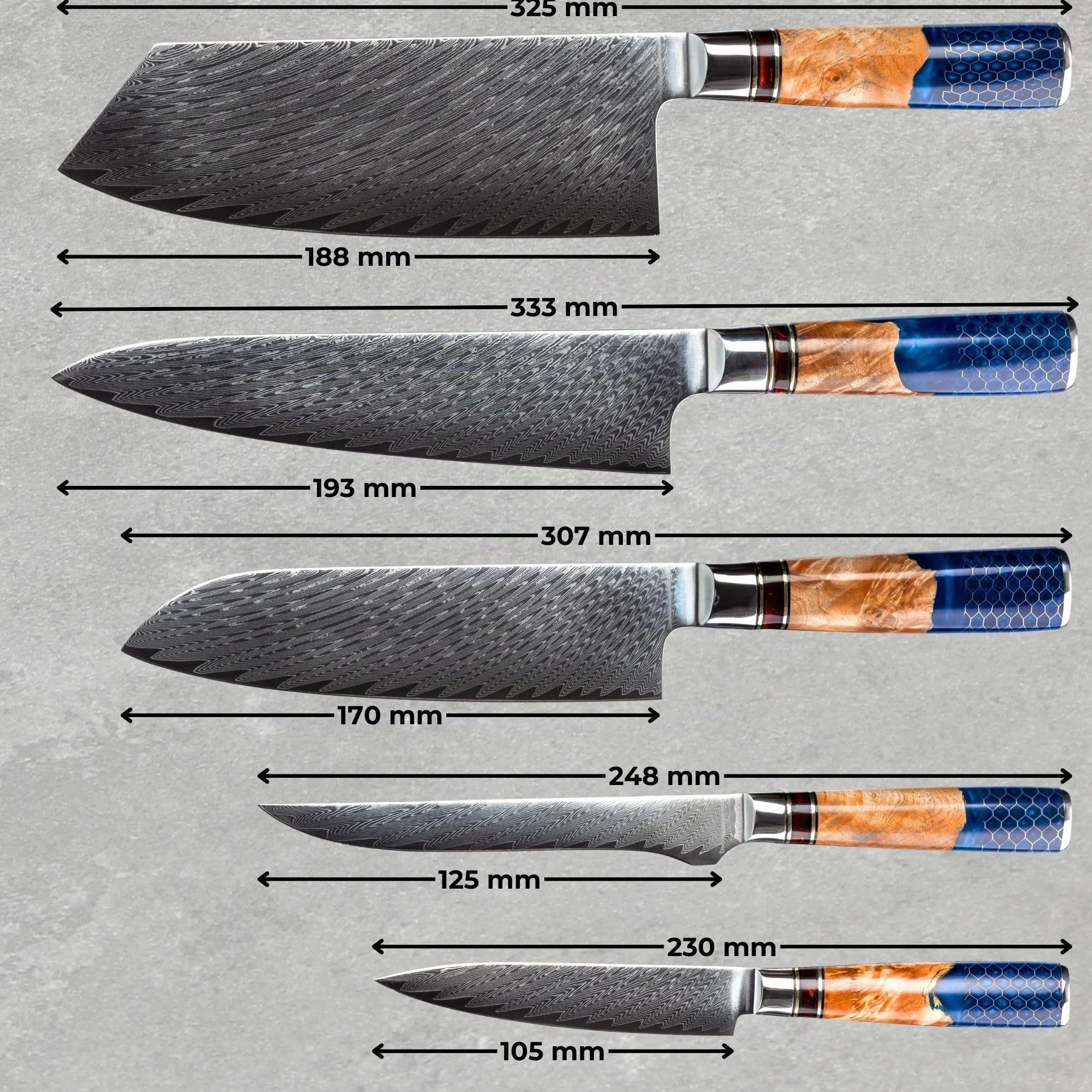 Set coltelli da cucina professionali giapponesi in acciaio damasco con pietra affilacoltelli professionale. Coltello damasco giapponese con pietra per affilare per chefs e amanti della cucina (5 set)