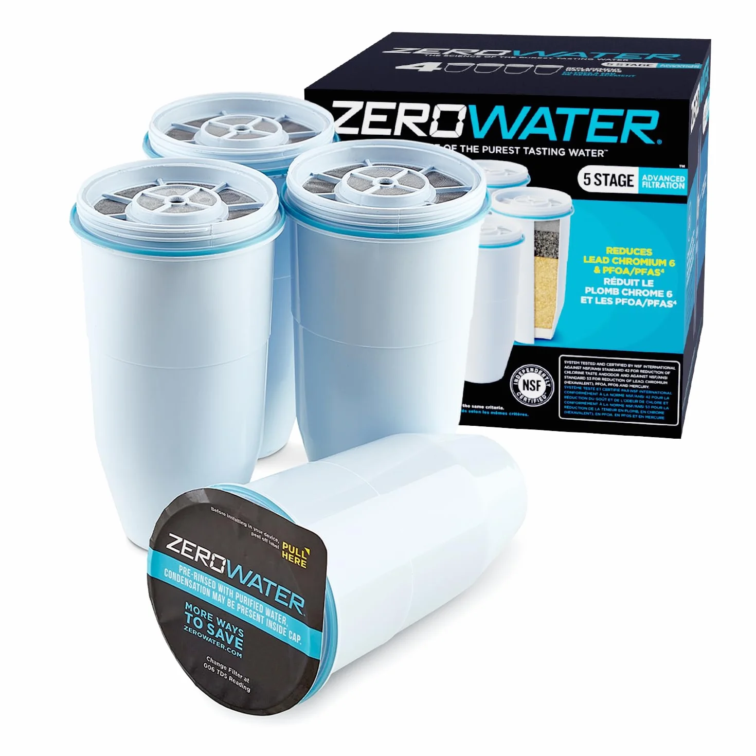 ZeroWater Filtri Caraffa a 5 Fasi NSF, Confezione da 4, Bianco
