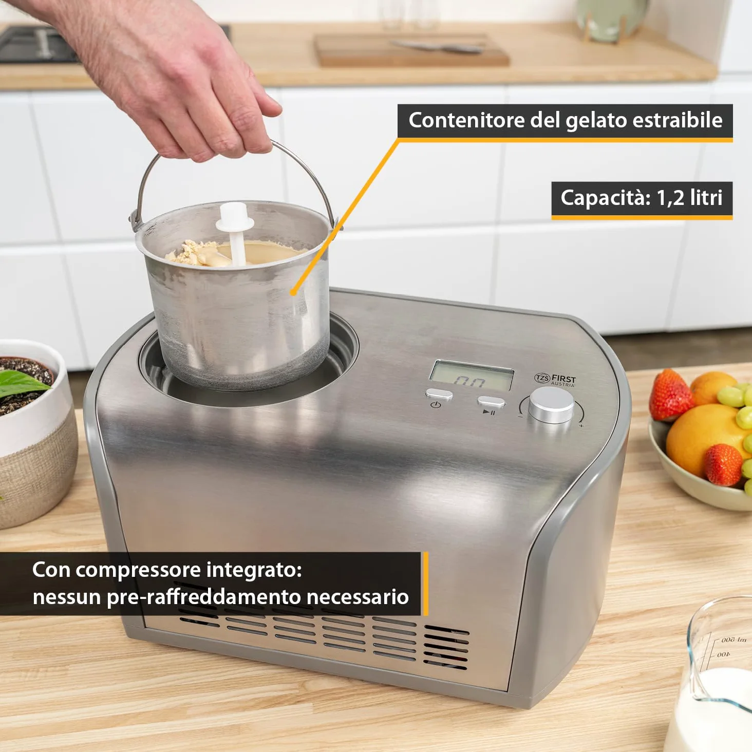 TZS First Austria Macchina per Gelato 1,2L - 135W - Compressore e Funzione Raffreddamento - Gelatiera per Gelato, Sorbetto o Frozen Yogurt - Cestello in Acciaio Inox - Grigio