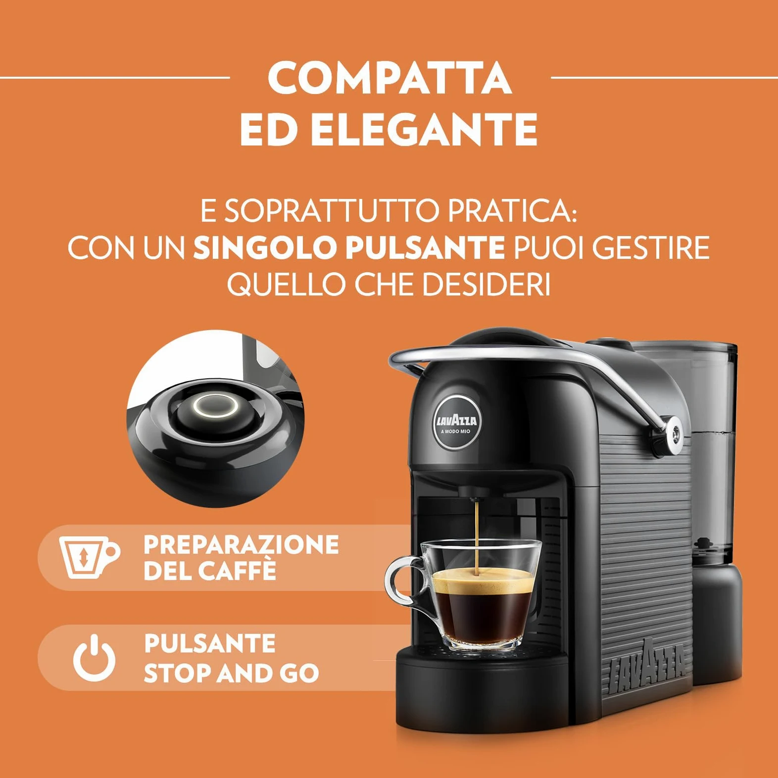 Lavazza A Modo Mio Jolie Evo, Macchina per Caffè Realizzata con 36% di Plastica Riciclata, Macchina Espresso con 64 Capsule Lavazza A Modo Mio Crema e Gusto Classico Incluse, Nera
