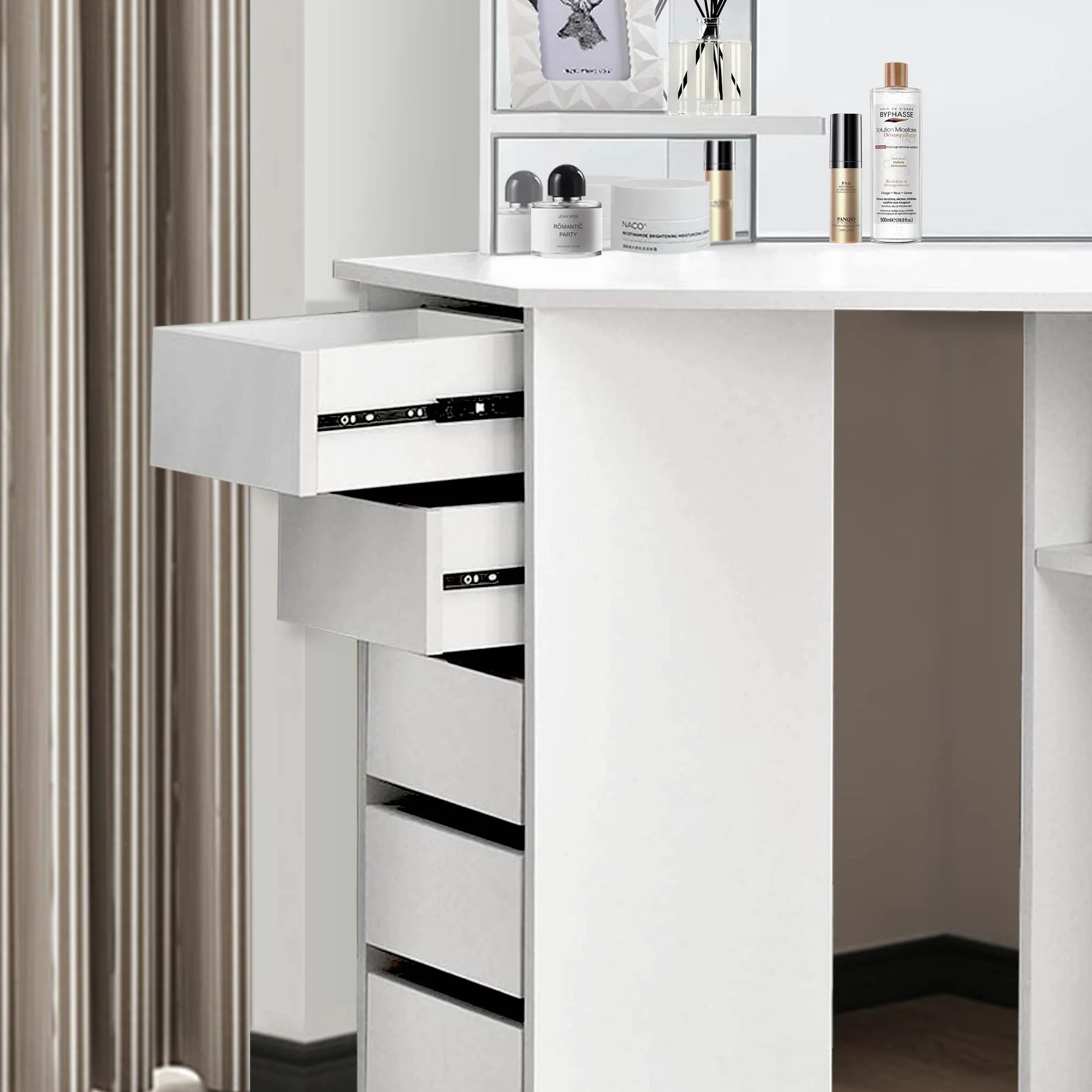 ML-Design Tavolo Cosmetico ad Angolo Bianco da Trucco con 3 Specchi 5 Cassetti e 3 Scomparti 110 x 141,5 x 54 cm Tavolino da Toelette per Donne e Ragazze Spogliatoio in Legno MDF