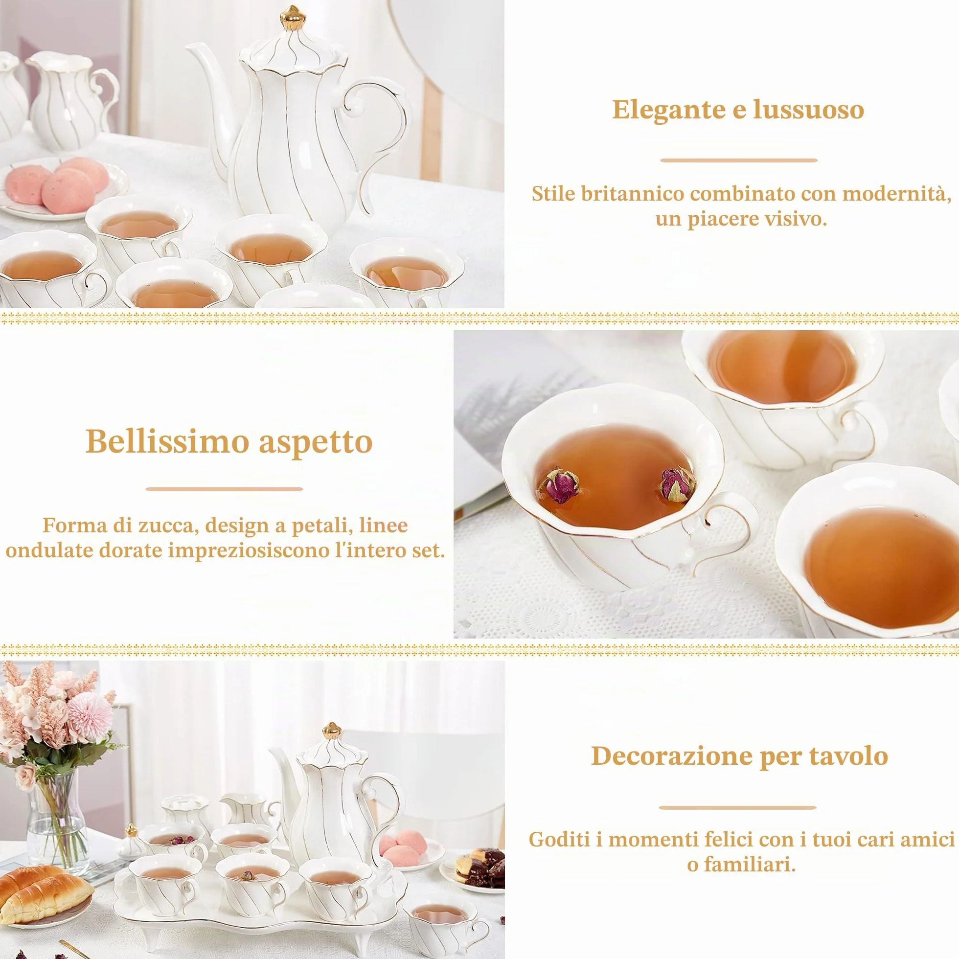 Set da Tè Britannico di Lusso 14 Pezzi Porcellana Bianco con Vassoio e Cucchiai