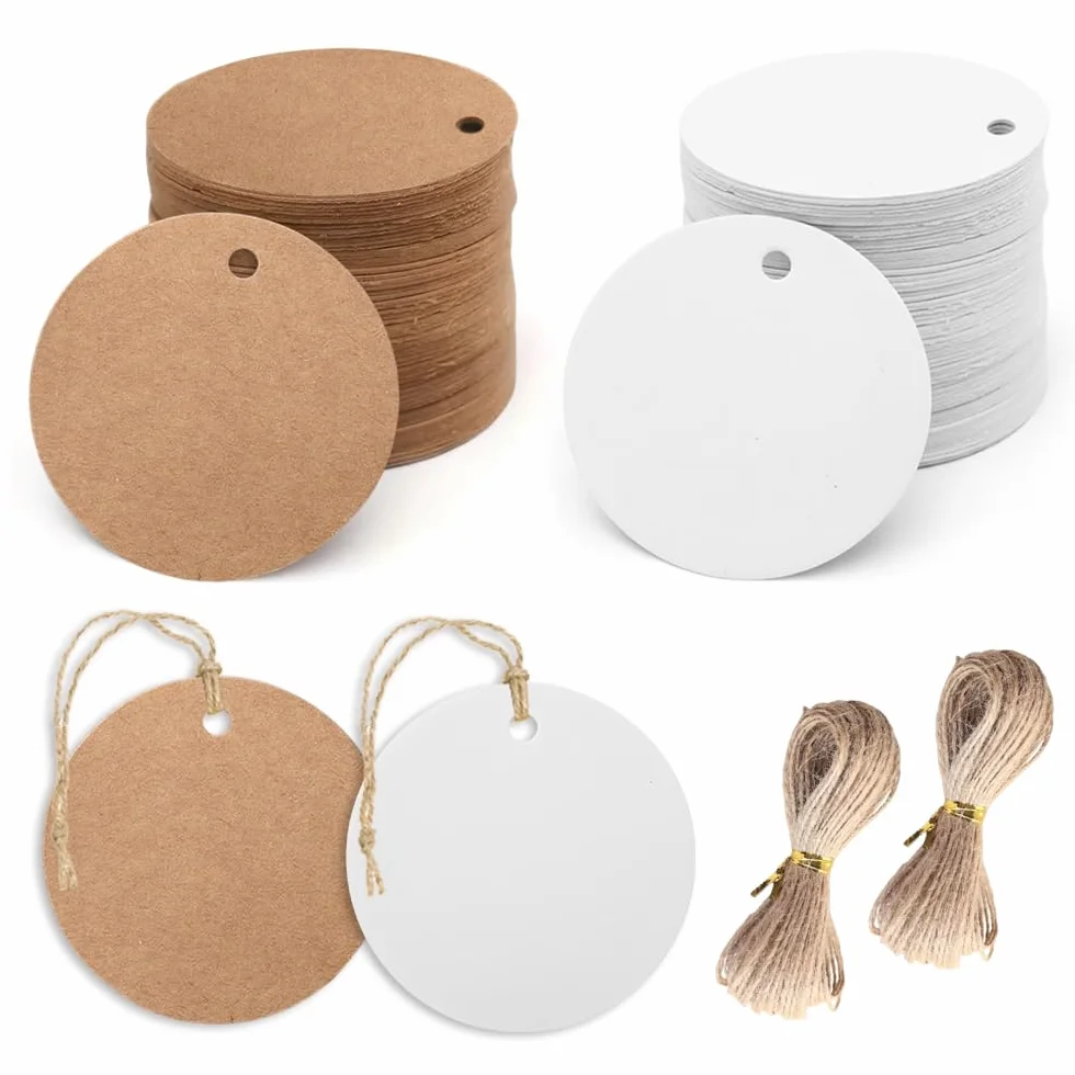 200 Pezzi Etichette Regalo Cartoncino 5 CM,Bigliettini Bomboniere con Cordino da 40 M,Etichette Carta Kraft Rotonde,Cartoncini Segnaposto,Kraft Paper Gift Tag per Matrimoni,Natale,Prezzi