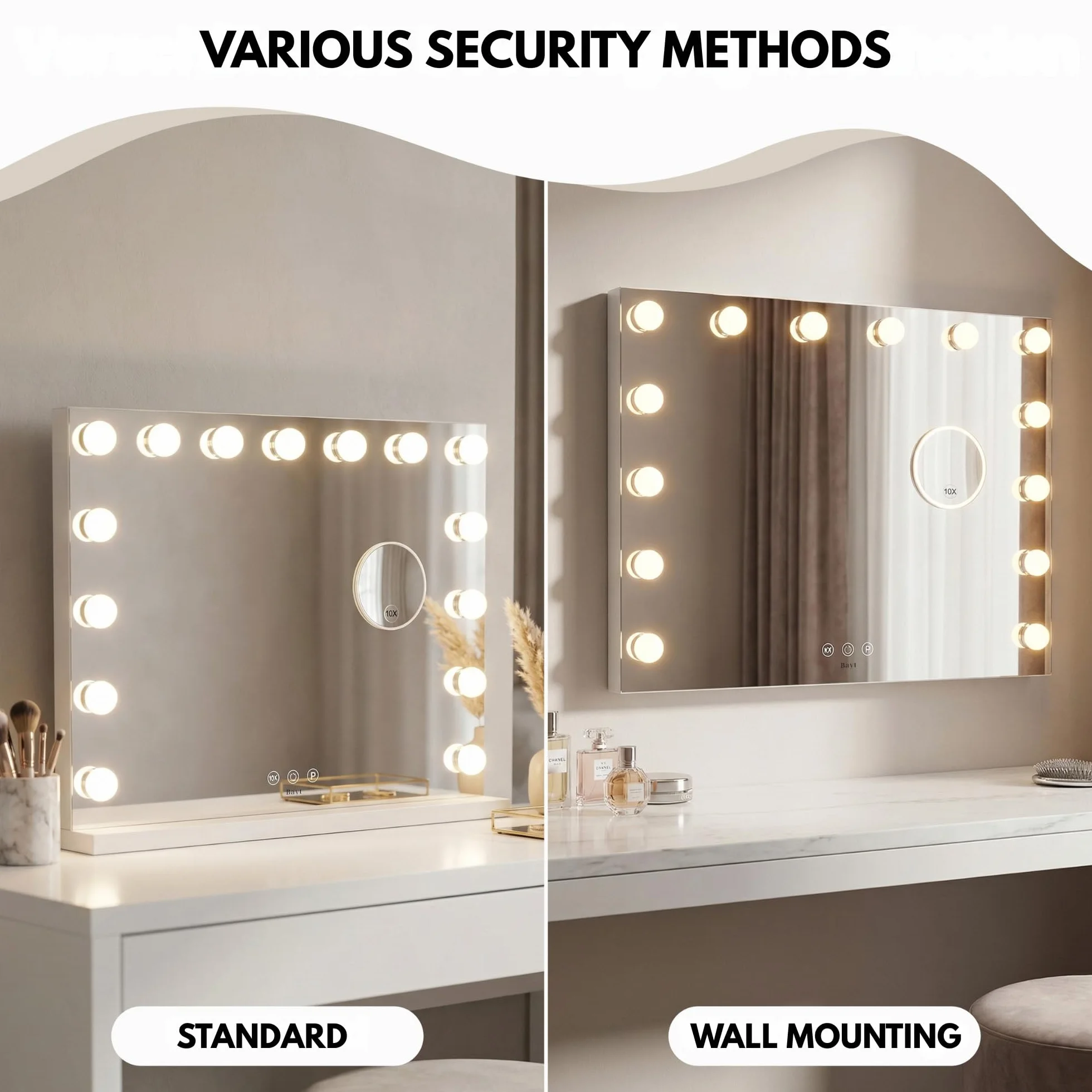Bayt Specchio Hollywood con luci LED – Specchio Trucco Bianco 58x46 cm con 15 Lampadine Dimmerabili, 3 Tonalità di Luce (calda, fredda, naturale), Touch Screen & Specchietto Ingranditore 10x
