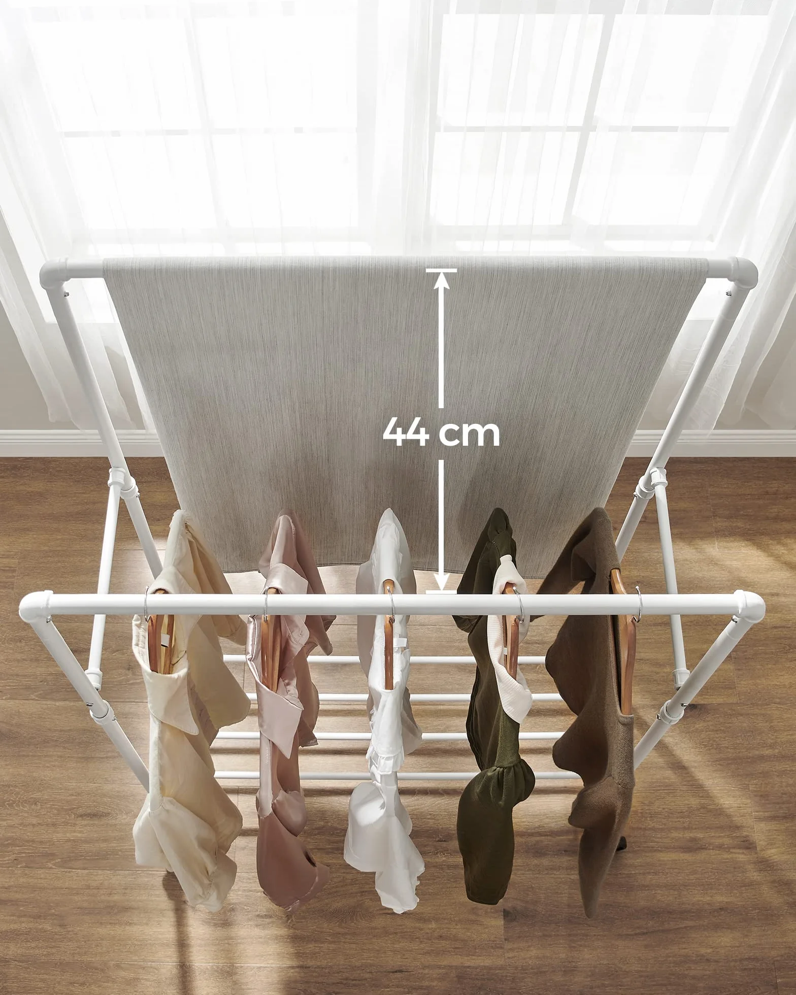 SONGMICS Stand Appendiabiti a Doppia Barra, Struttura in Metallo, 59 x 100 x 162 cm, con Ripiano Portaoggetti e Rotelle, 2 Ruote con Freni, Portata fino a 110 kg, Bianco HSR060W01
