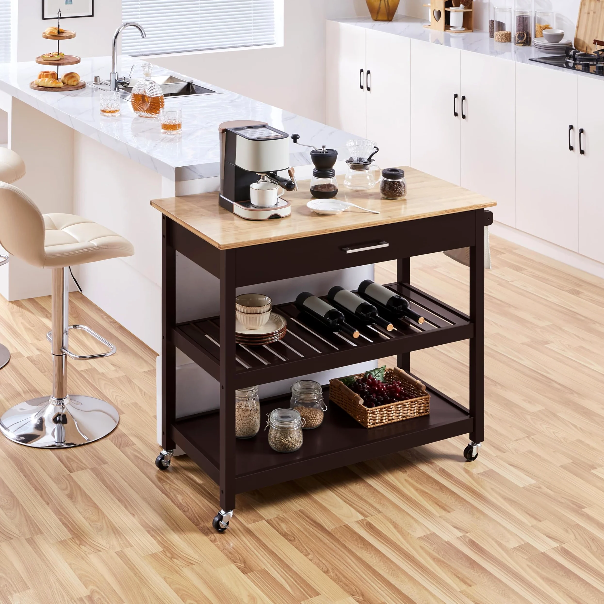 Yaheetech Carrello da Cucina a 3 Ripiani con Ruote Credenza Salvaspazio per Microonde con Cassetto per Cucina Dipensa o Bar 101,5 x 51 x 92 cm Marrone Scuro