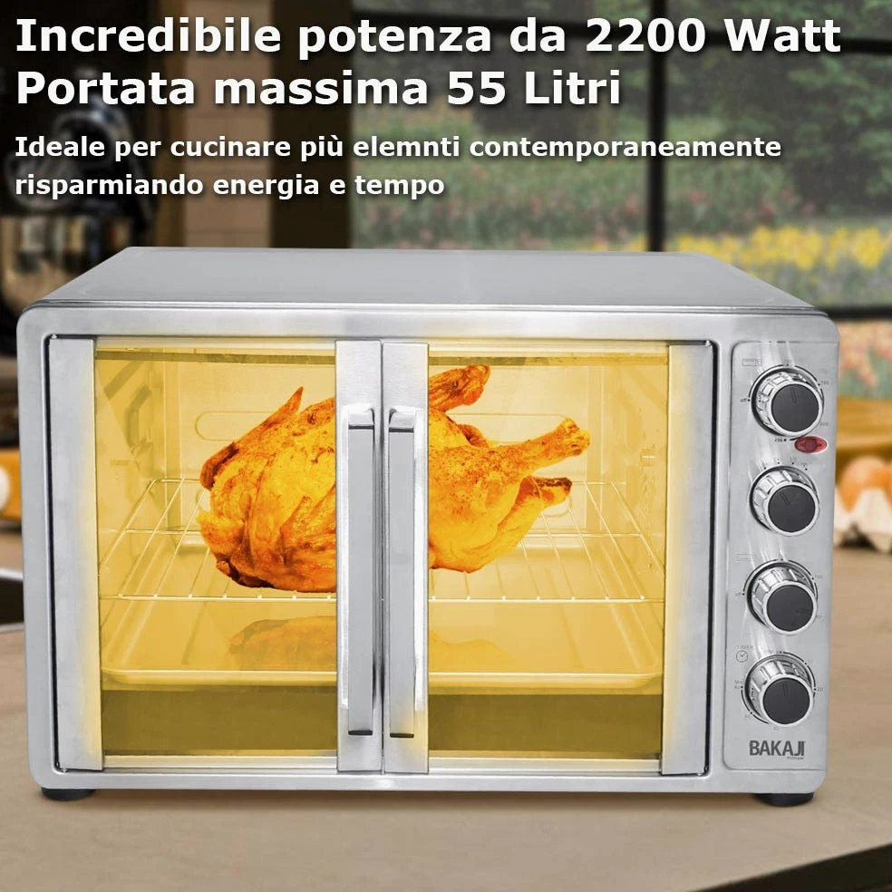 Bakaji Forno Fornetto Elettrico Ventilato 55 Lt Potenza 2200W con Doppia Porta Luce Interna 4 Selezioni di Cottura Temperatura Regolabile Timer Girarrosto e Accessori