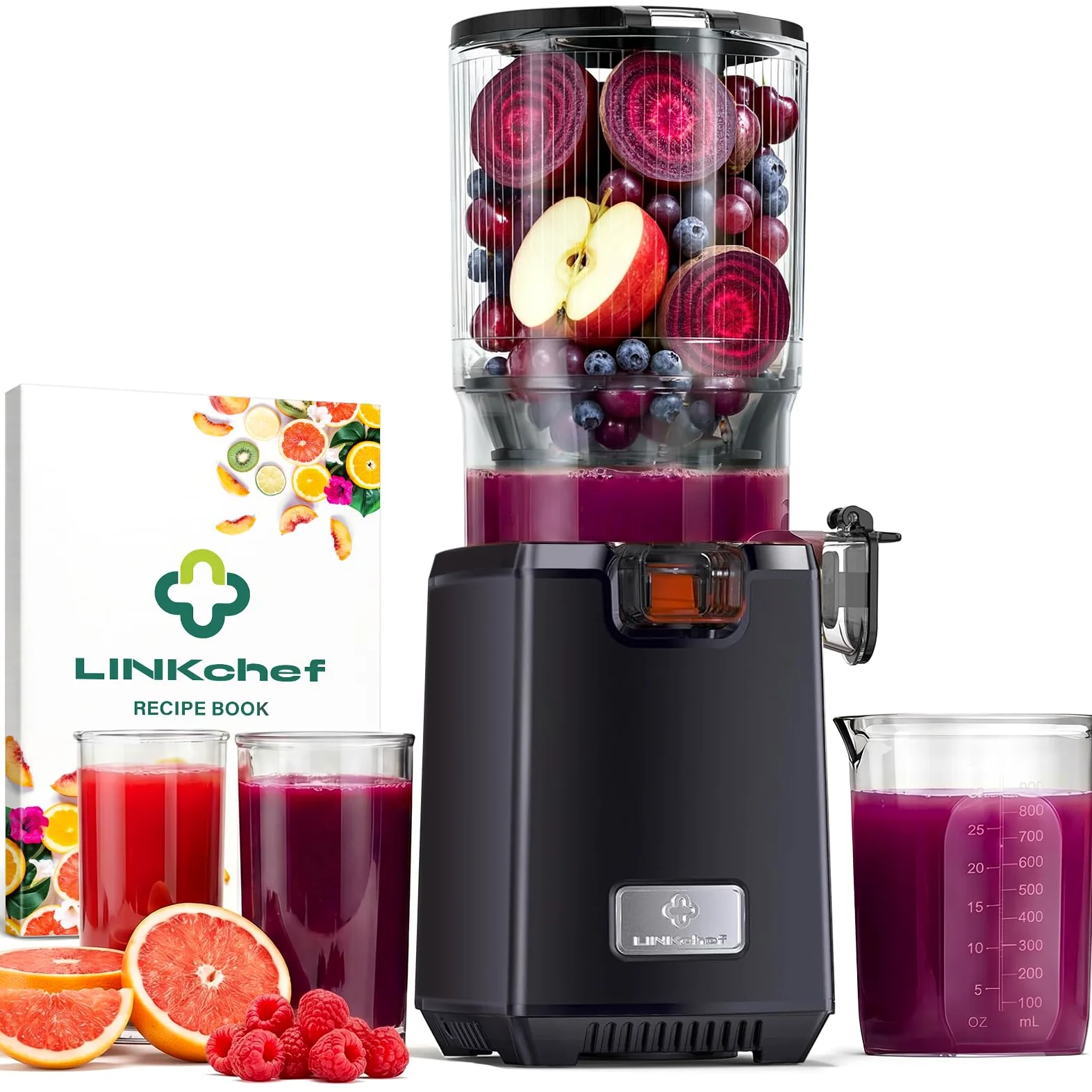 LINKChef Estrattore Frutta e Verdura, Estrattore di Succo a Freddo 250 W con Imboccatura Larga 13 cm, Juicer Machine Senza BPA, 1,8 L, Facile da Pulire, Ricette Incluse