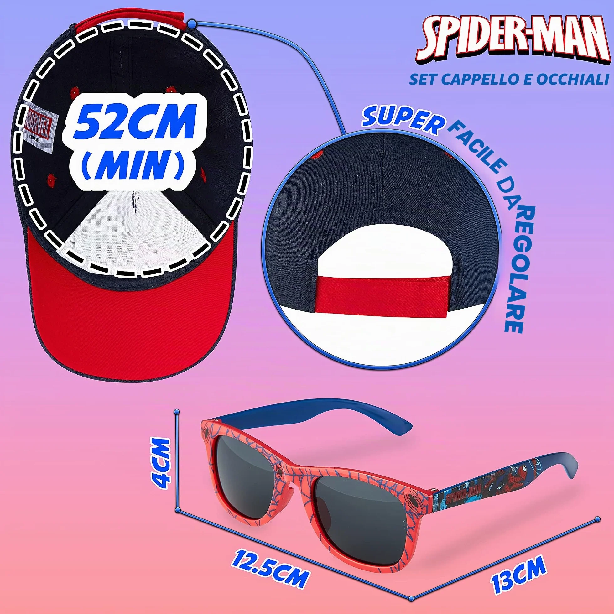 Marvel Spiderman Cappello Baseball Regolabile con Visiera e Occhiali da Sole Bambino Protezione UV400