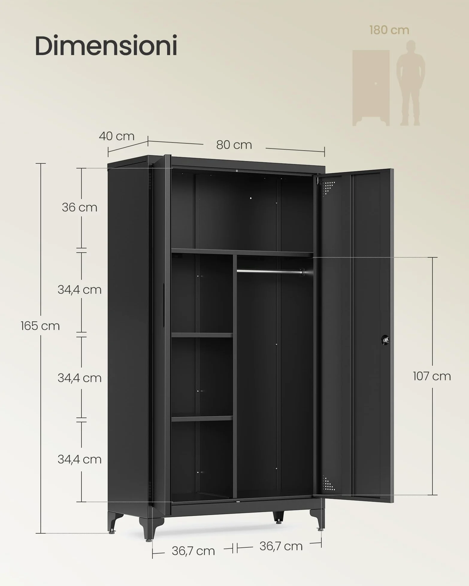 SONGMICS Armadio Multiuso, Guardaroba, Mobile da Ufficio in Metallo, con 2 Ante, 5 Scomparti, Barra Appendiabiti, Chiusura a Chiave, Piedini Alti, 80 x 40 x 165 cm, Nero Opaco OMC018BD01