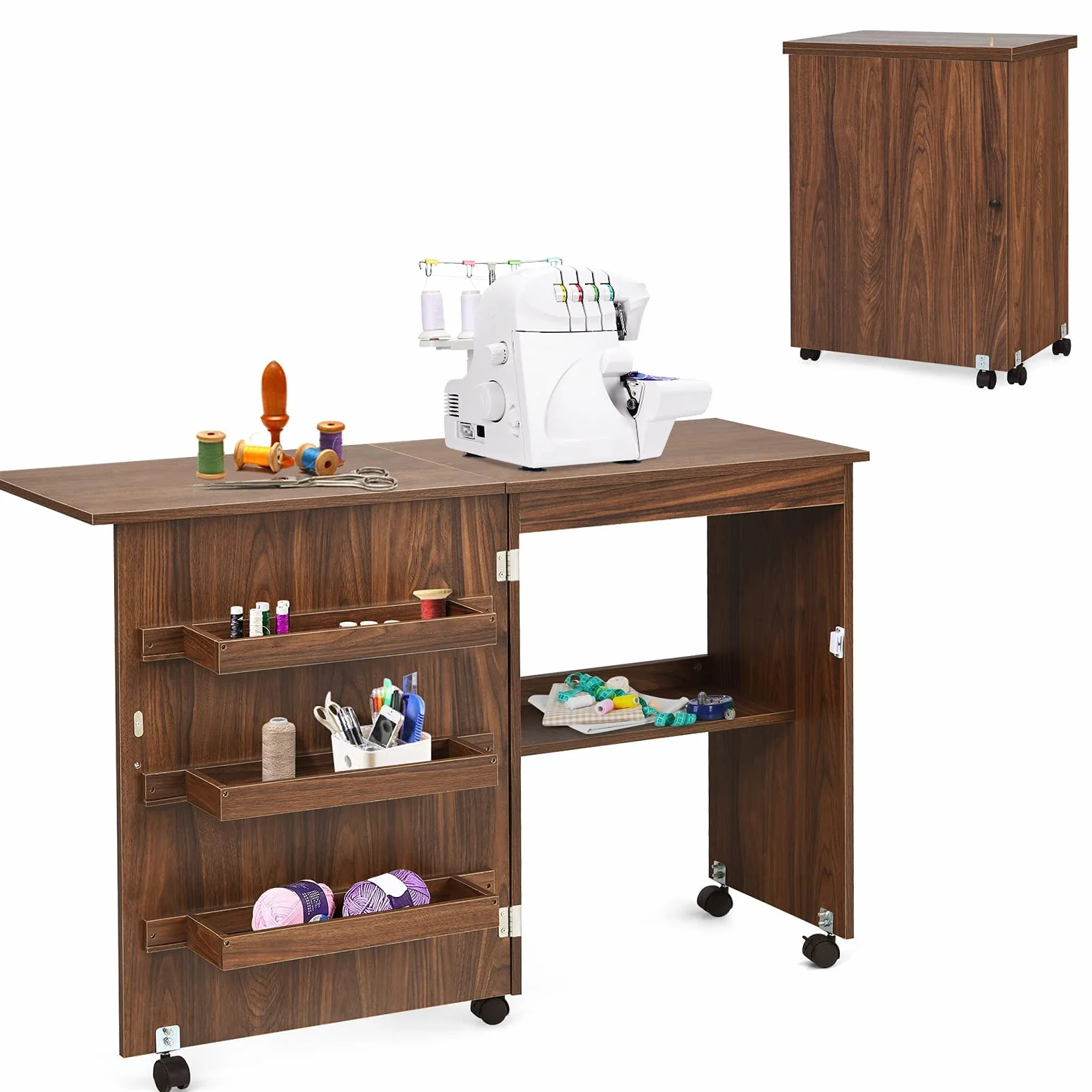 RELAX4LIFE Mobiletto per Macchina da Cucire Pieghevole su Ruote Bloccabili, Tavolo da Cucito in Legno 117,5x40x77cm Marrone