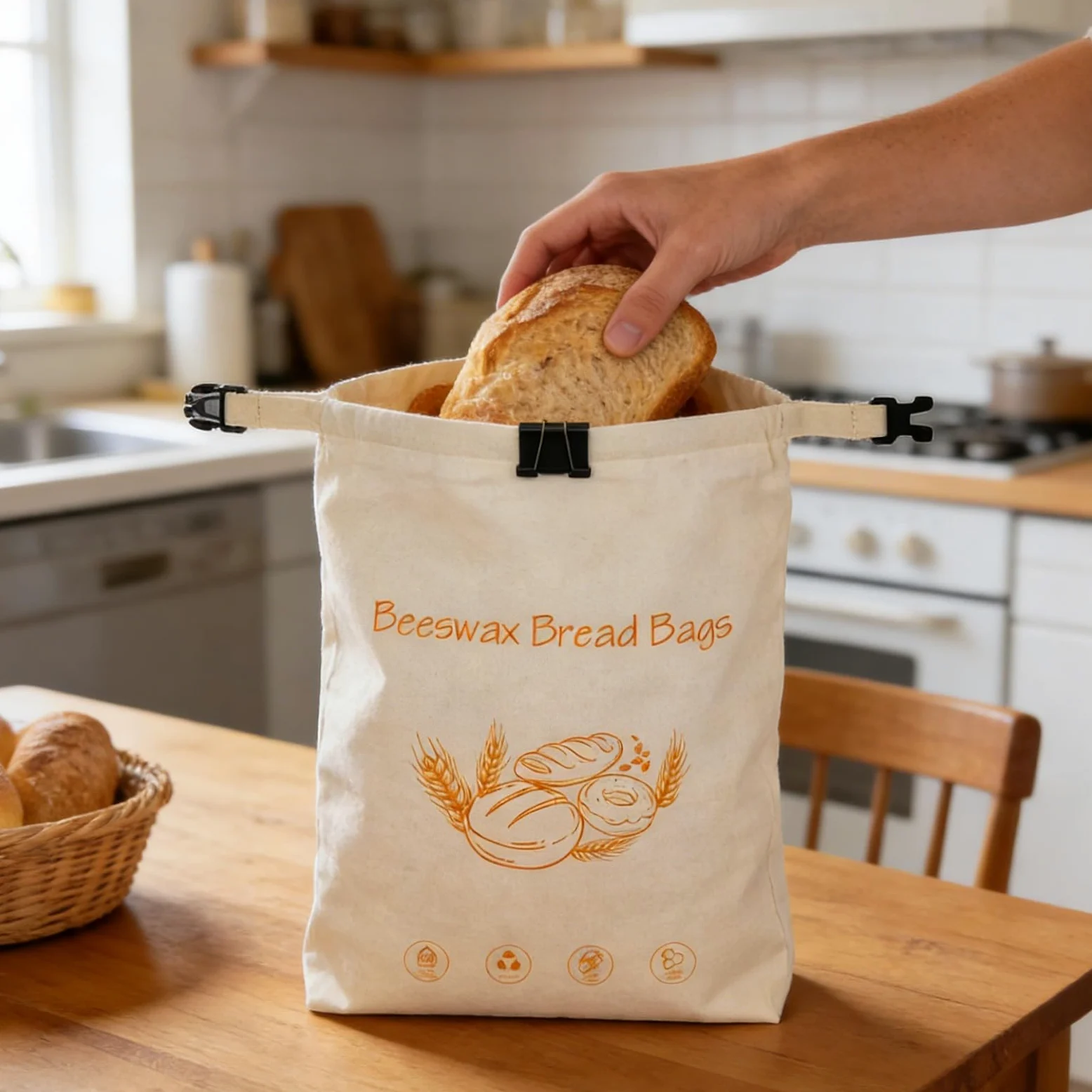 Borsa per alimenti in cotone biologico, cera d'api, con elastico e moschettone, essenziale per la cucina sostenibile per pane, formaggio, soluzione sostenibile per la cucina