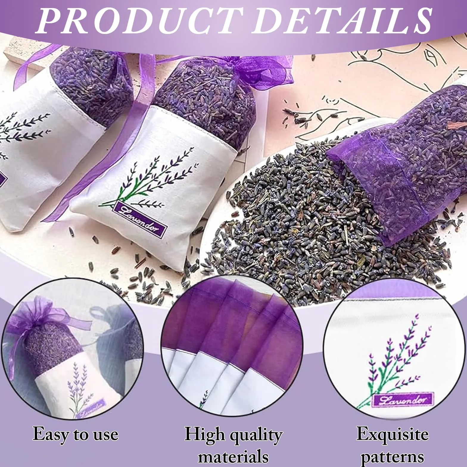 MOLIMOLI Bustina per Lavande Vide, 20 Pezzi Sacchetto di Lavanda in Organza con Ricamo Lavanda, Protezione Naturale Antitarme per Armadi, Auto, Confezione Regalo