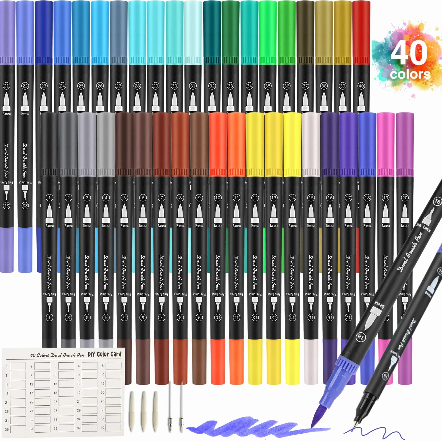 Peakness Pennarelli Doppia Punta Brush Pen, 40 Colori, Punta Fine 0,4 mm e 1-4 mm, per Calligrafia e Disegno