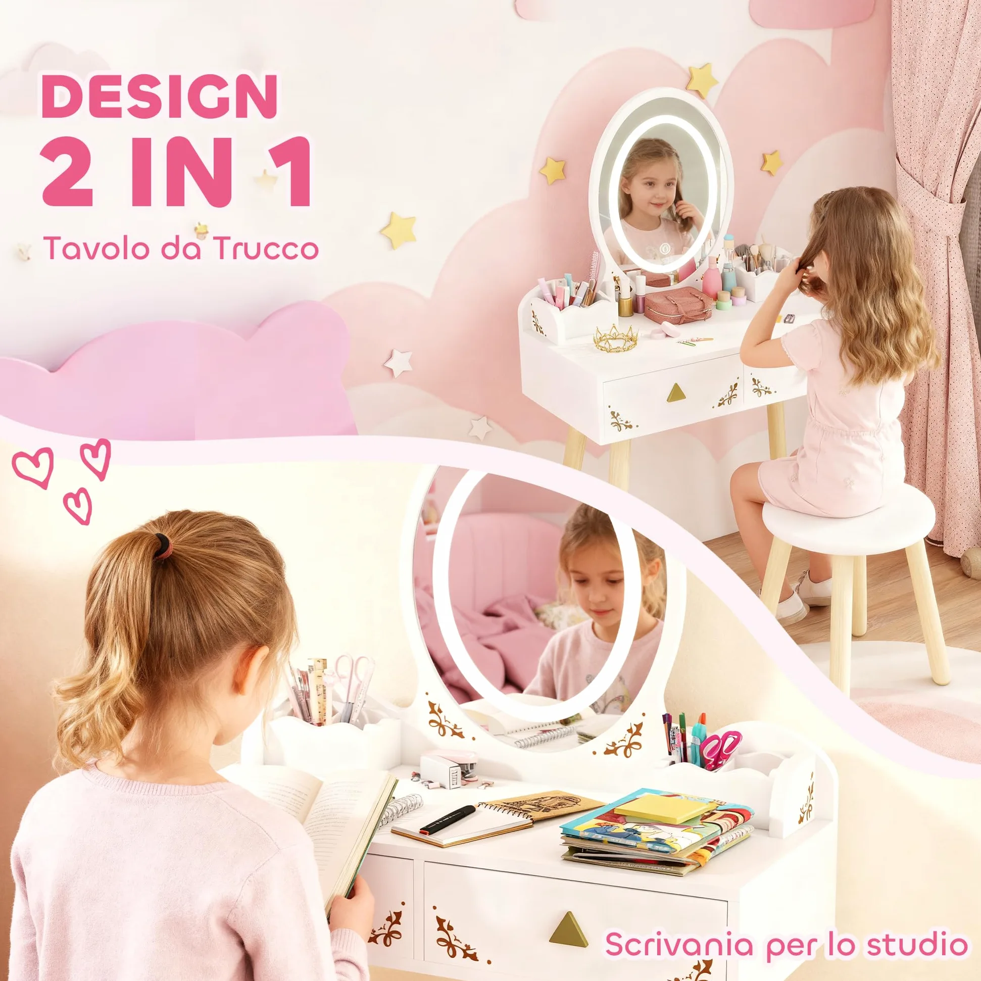 AIYAPLAY Set Toeletta 2 in 1 con Specchio Illuminato e Sgabello, Tavolo da Trucco con Luce LED a 3 Colori, 2 Cassetti e 2 Scatole in Legno, Tavolino per Bambini da 3+ Anni, Bianco