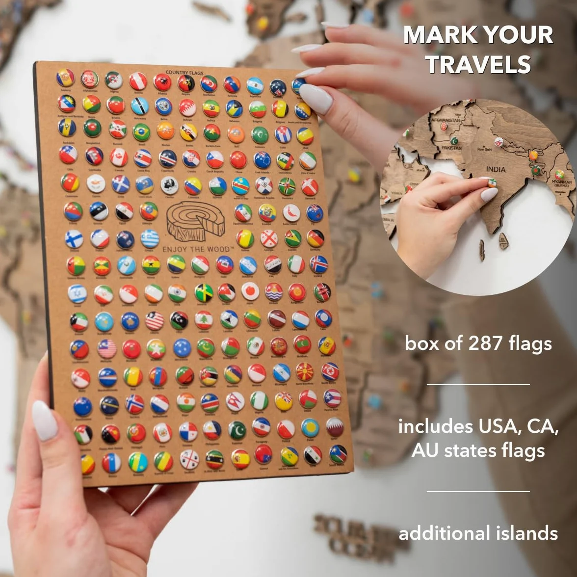 ENJOY THE WOOD Mappa Mondiale in Legno 3D Arte da Parete Grande Decorazione da Parete Idea Regalo per Inaugurazione Casa Mappa Mondiale in Legno per Viaggi Casa e Cucina o Ufficio (M, Terra)