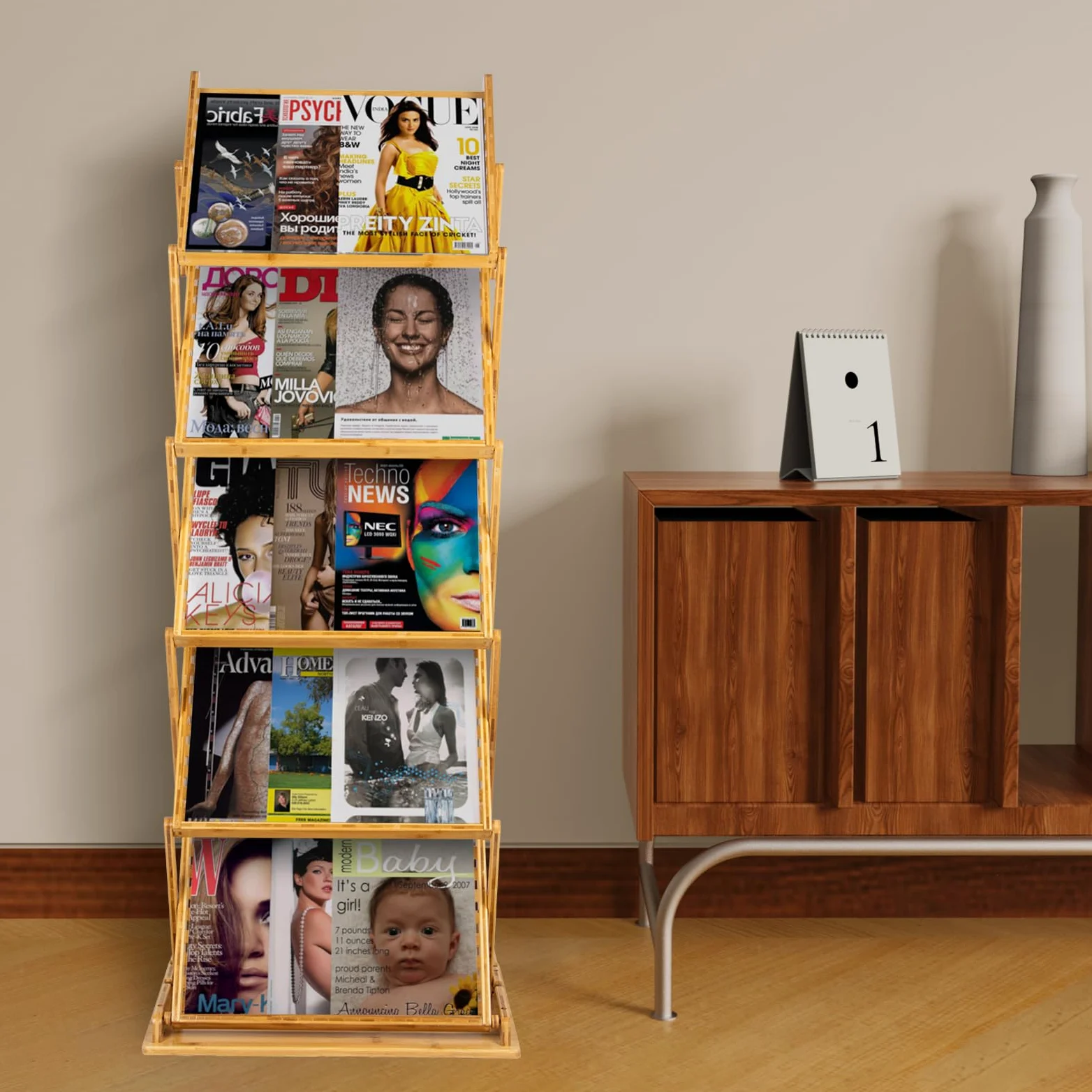 Espositore per Riviste Pieghevole, Portariviste da Terra in bambù, Portatile Espositore per Brochure 5 Scomparti A3 per Volantini, Riviste, Letteratura, Supporto Cataloghi per Fiere, Uffici