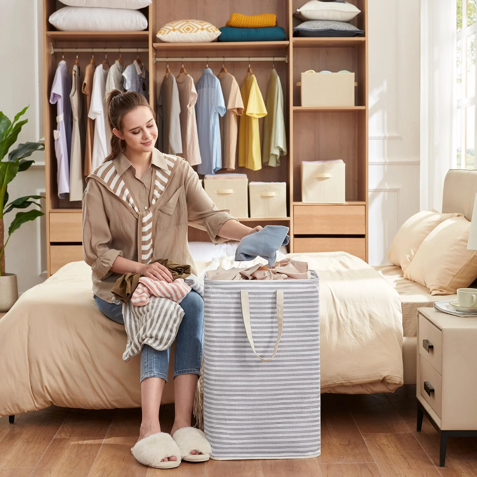 Lifewit Cesto Portabiancheria, Grande Cesta Portabiancheria Pieghevole con Manici Allungati, Portabiancheria Sporca, Laundry Basket per Vestiti, Asciugamani, Coperte, Grigio, 80 L, Set di 2