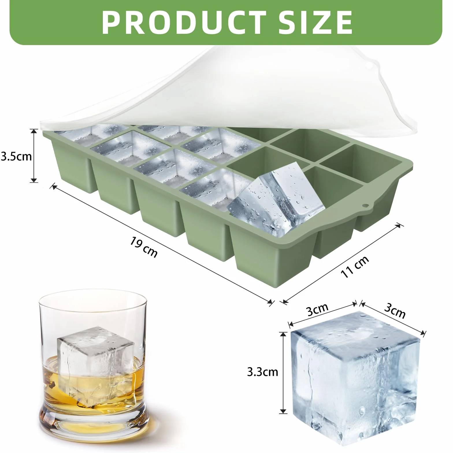 Stampo per Ghiaccio Silicone Senza BPA con Coperchio Impilabile per Freezer 2 Pezzi Verde