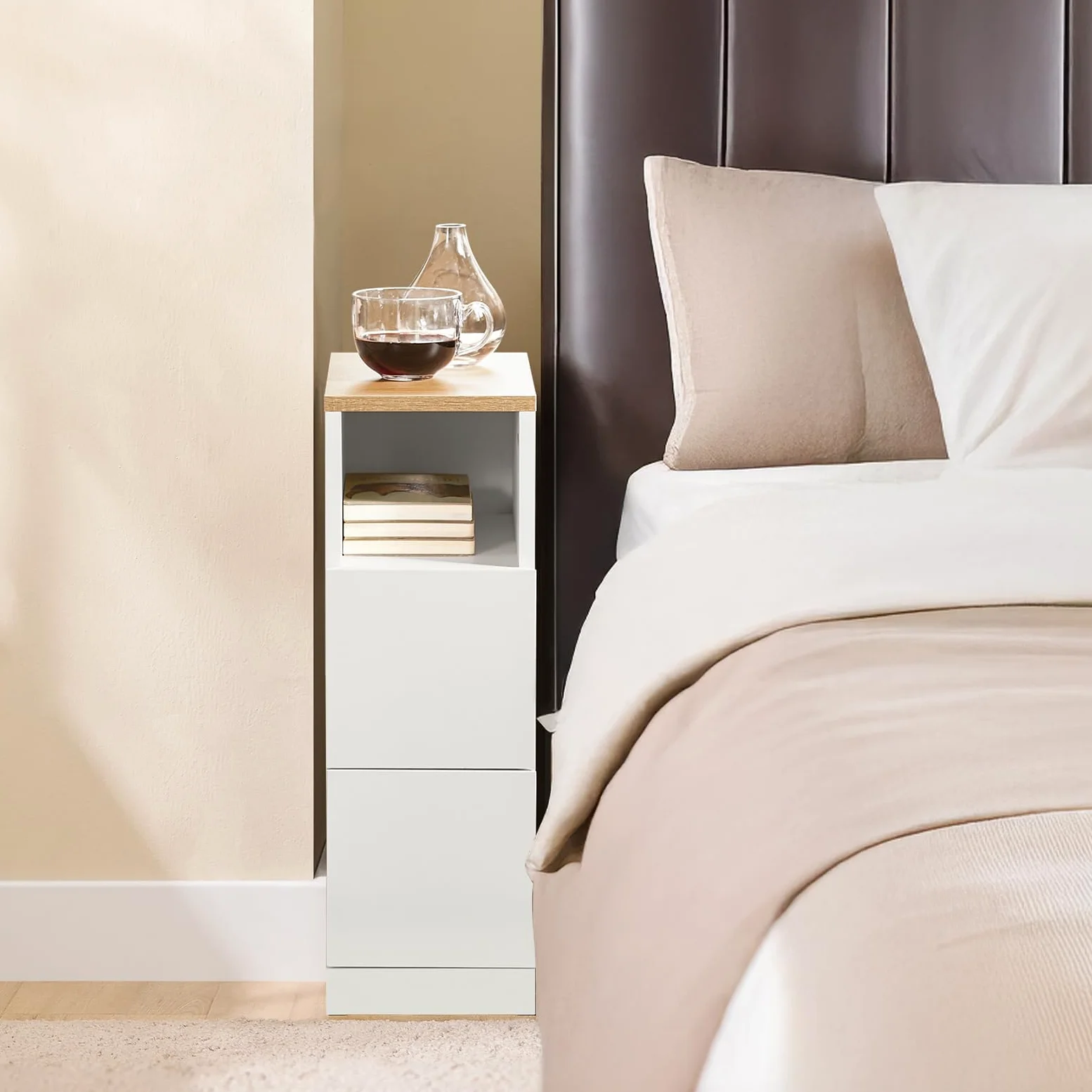 SoBuy comodino camera da letto stretto 20 cm, 2 cassetti tavolino da letto & tavolino salotto, salvaspazio per spazi stretti, ideale per inquilini e letto a molle, bianco, 20x35x60 cm, FBT149-WN