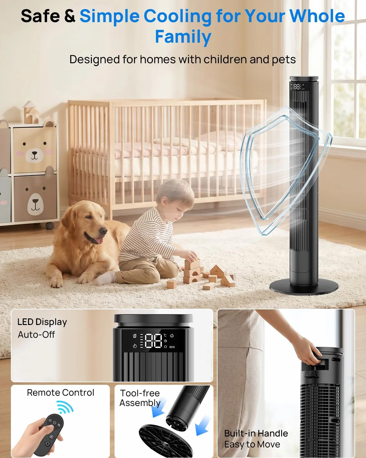 Ventilatore a Torre 92cm con Schermo LED Regolabile (Spegnimento Totale) e Telecomando con Tasto Muto, Ventilatori a Colonna Silenziosi 28dB, 6 Velocità+5 Modalità, Oscillazione 70°, 8m/s, Timer 12h