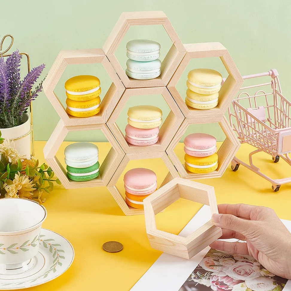 PH PandaHall 10pz Alzata per Cupcake A Nido D'Ape Ripiani A Nido D'Ape Espositore per Torta Esagonale Cartello Da Tavolo Galleggiante In Legno con 30 Pezzi di Nastro per Baby Shower Festa