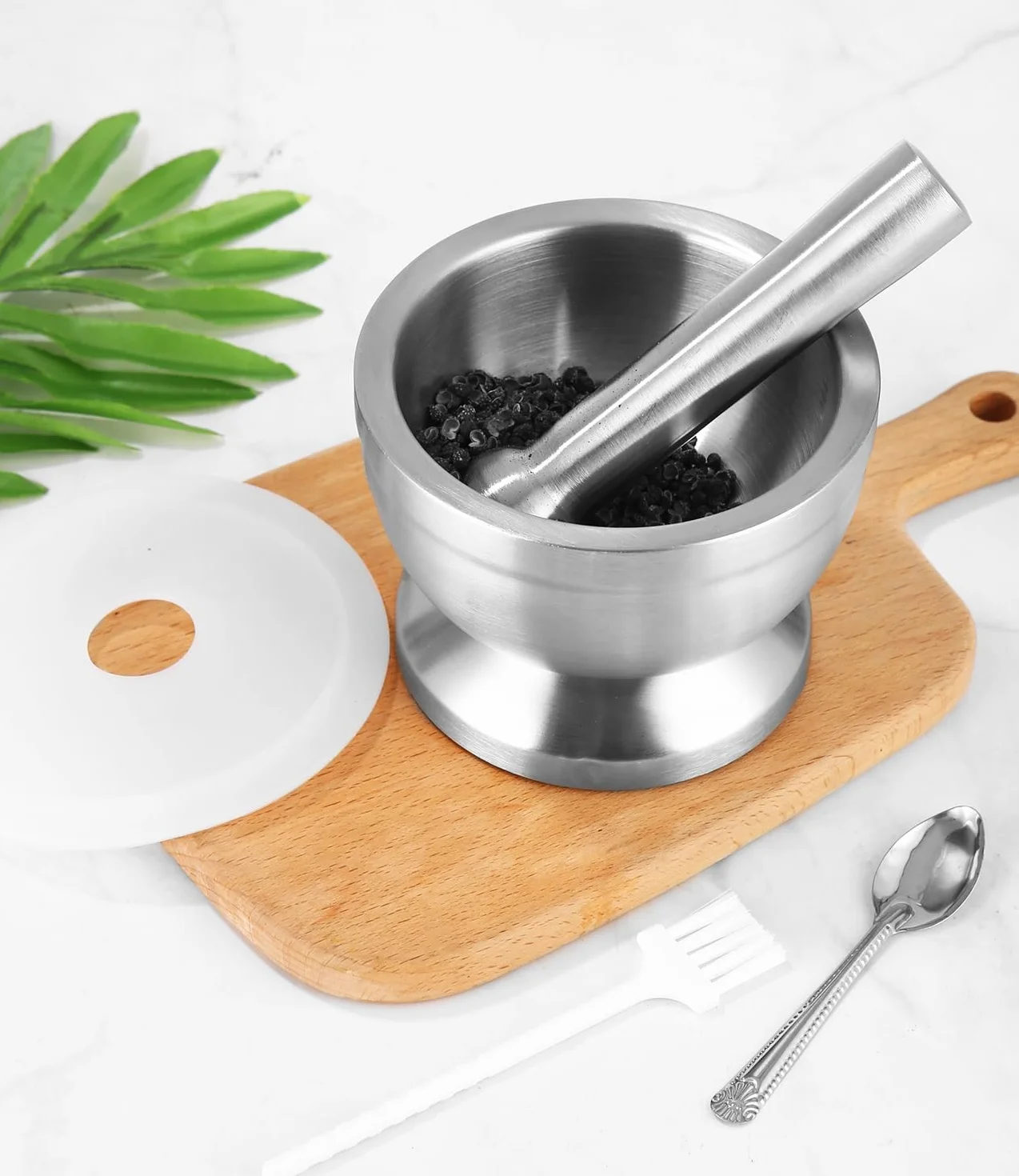Set di Mortaio con Pestello da 350 ml in Acciaio Inox con Spazzola, Cucchiaio e Coperchio in Silicone, Macinino per Spezie di Qualità Superiore, Frantumatore e Ciotola per la Vaniglia