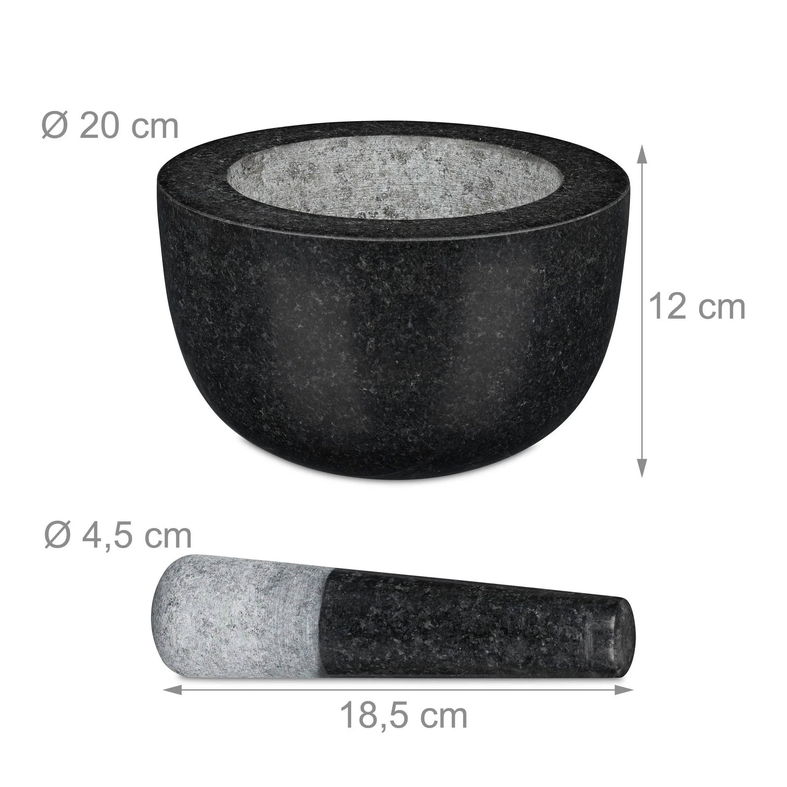 Relaxdays Mortaio e Pestello in Granito 750 ml Pietra Lucida D: 20 cm Grigio Scuro