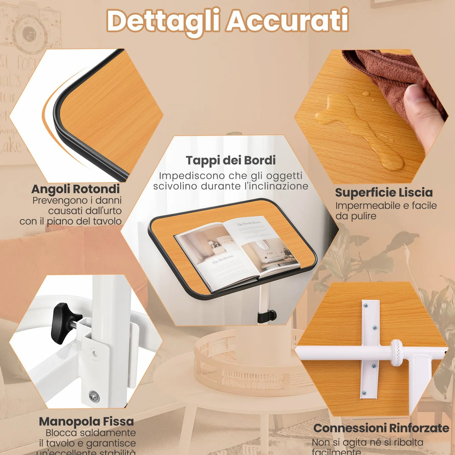 COSTWAY Tavolino da Letto e Divano con Ruote Bloccabili, Tavolino Porta PC con Altezza Regolabile in 9 Posizioni e Piano Inclinabile, Tavolino Servitore Letto per Mangiare e Lavorare (Legno)