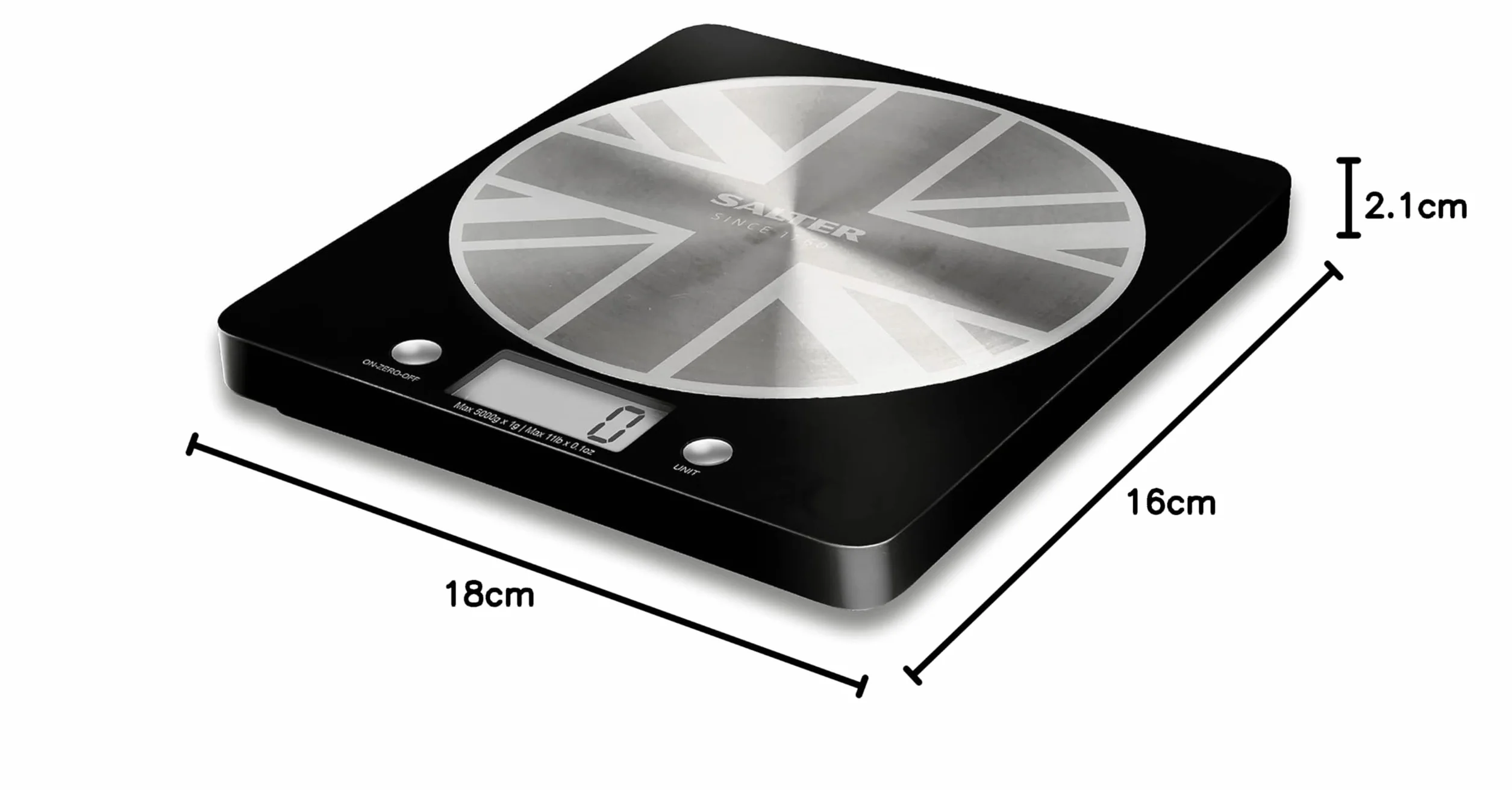 Salter 1036 BKSSDR - Bilancia elettronica a disco, vista in TV, design elegante e sottile, piattaforma in acciaio inox filato, aggiungi e pesa liquidi, capacità max di 5 Kg, Nero/cromato