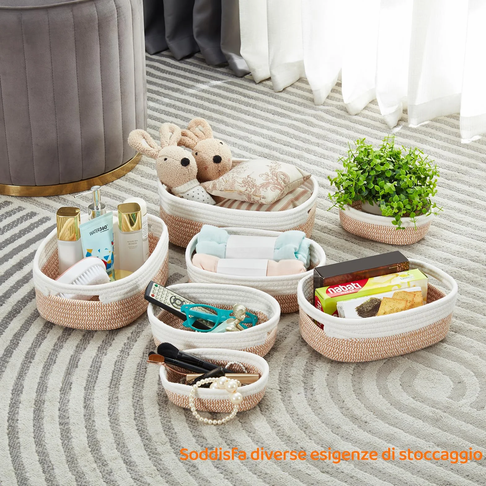 Mangata Piccoli cestini decorativi ovali da forno, in corda di cotone, vuoti, per mensole, chiavi, asciugamani e vaso, senza pieghe, materiale morbido, inodore (Zenzero misto, set da 7)