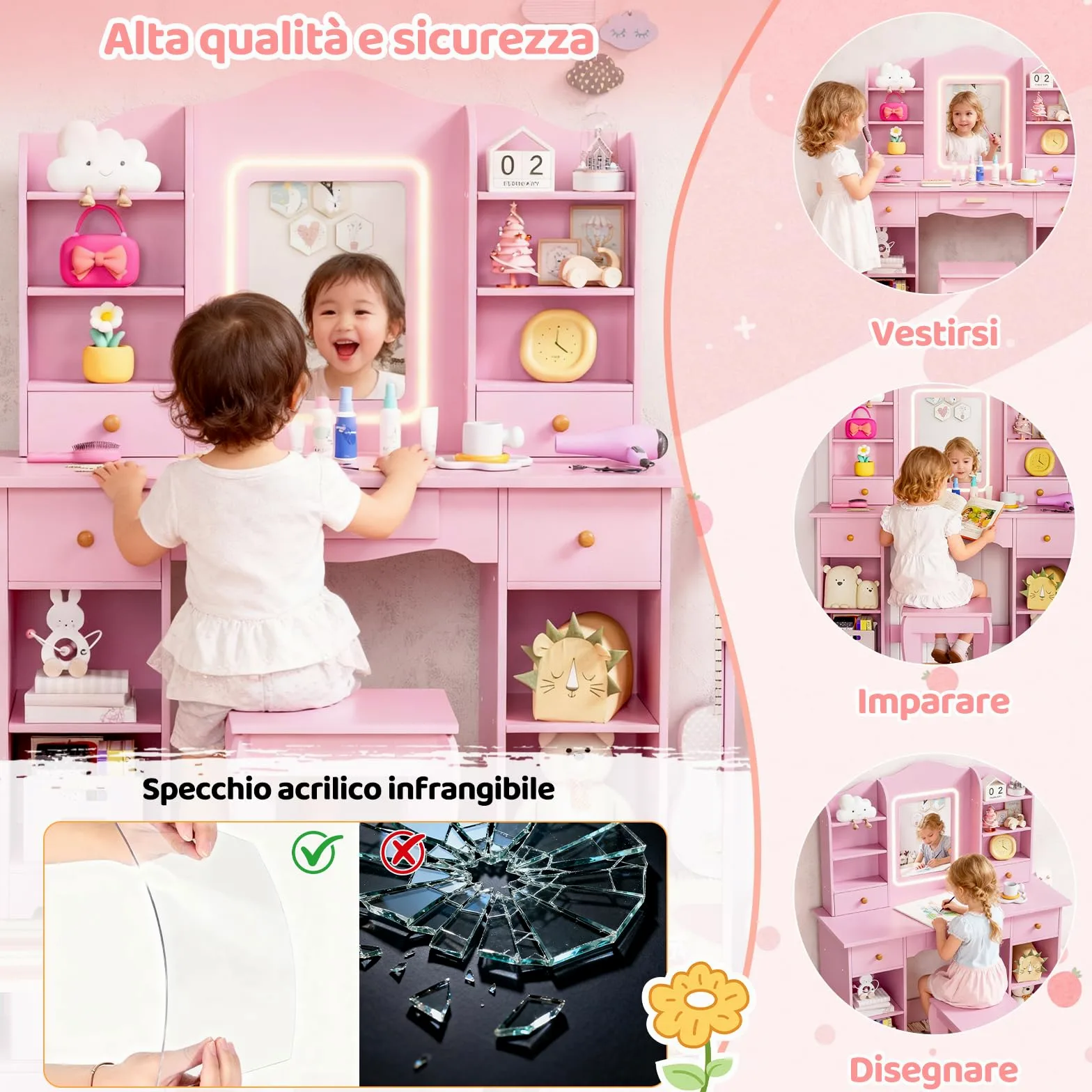 MAMIZO Toeletta Trucco Bambina con Sgabello LED, Toeletta per Bambini con Sedia, 5 Cassetti e 10 Scomparti Portaoggetti, 3 Modalità di Illuminazione Regolabili, 95x34x118cm, Rosa