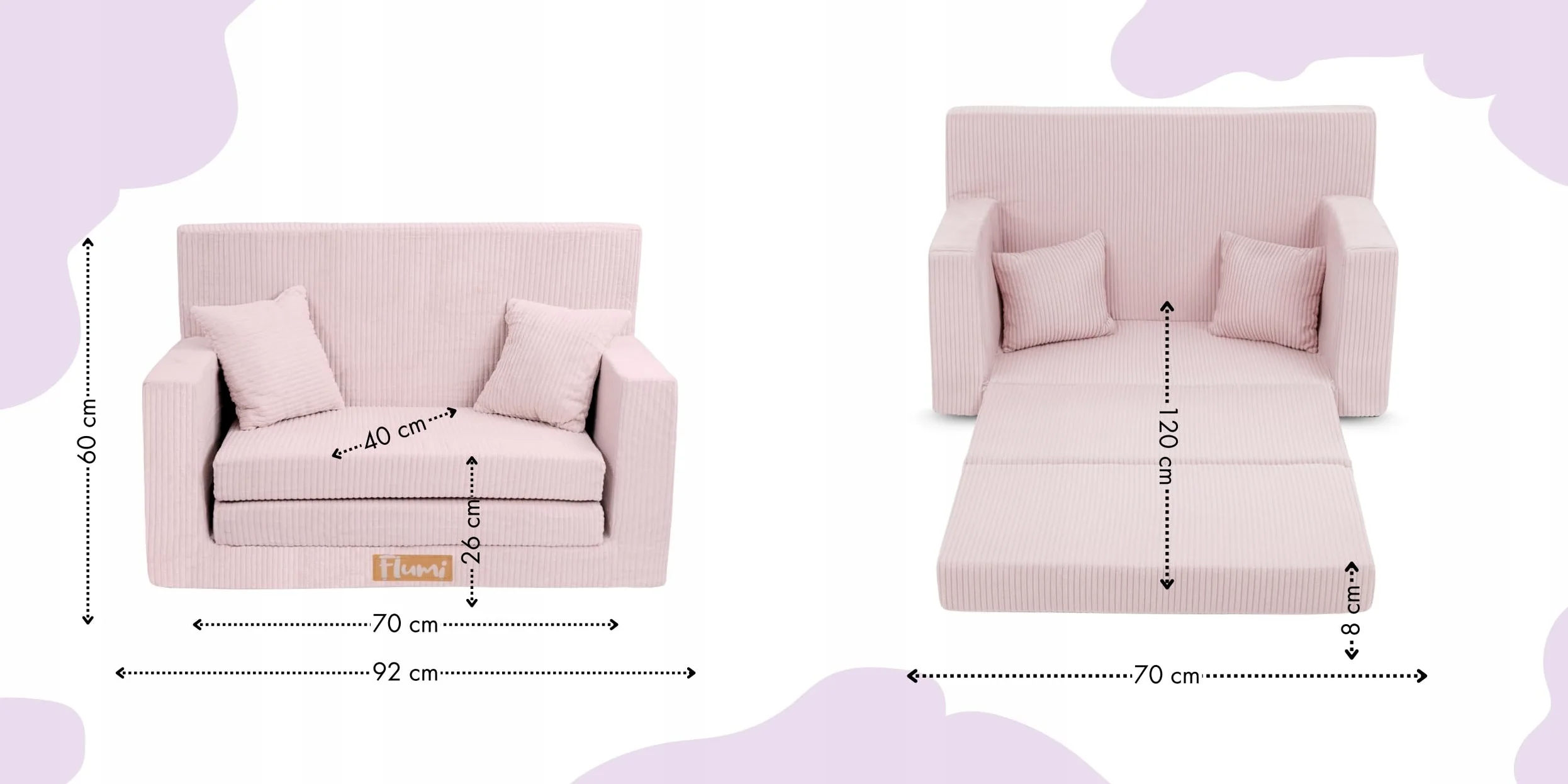 Flumi Personalizzato Divanetto Bambini con Funzione Sleep - 3 in 1 | Divani Piccoli | Divano Bambini | Colore: (velluto a coste Rosa)