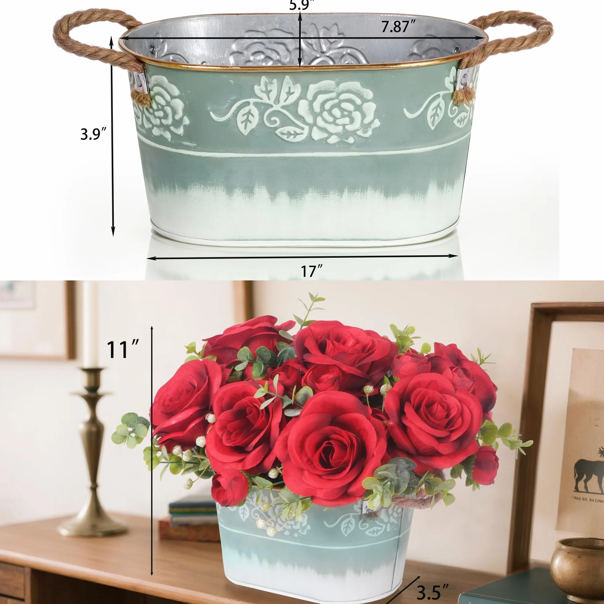 Composizione di fiori artificiali di rosa rossa per centrotavola, fiori di seta con eucalipto in vaso di metallo zincato rustico con manici in iuta, espositore floreale finto per casa e ufficio