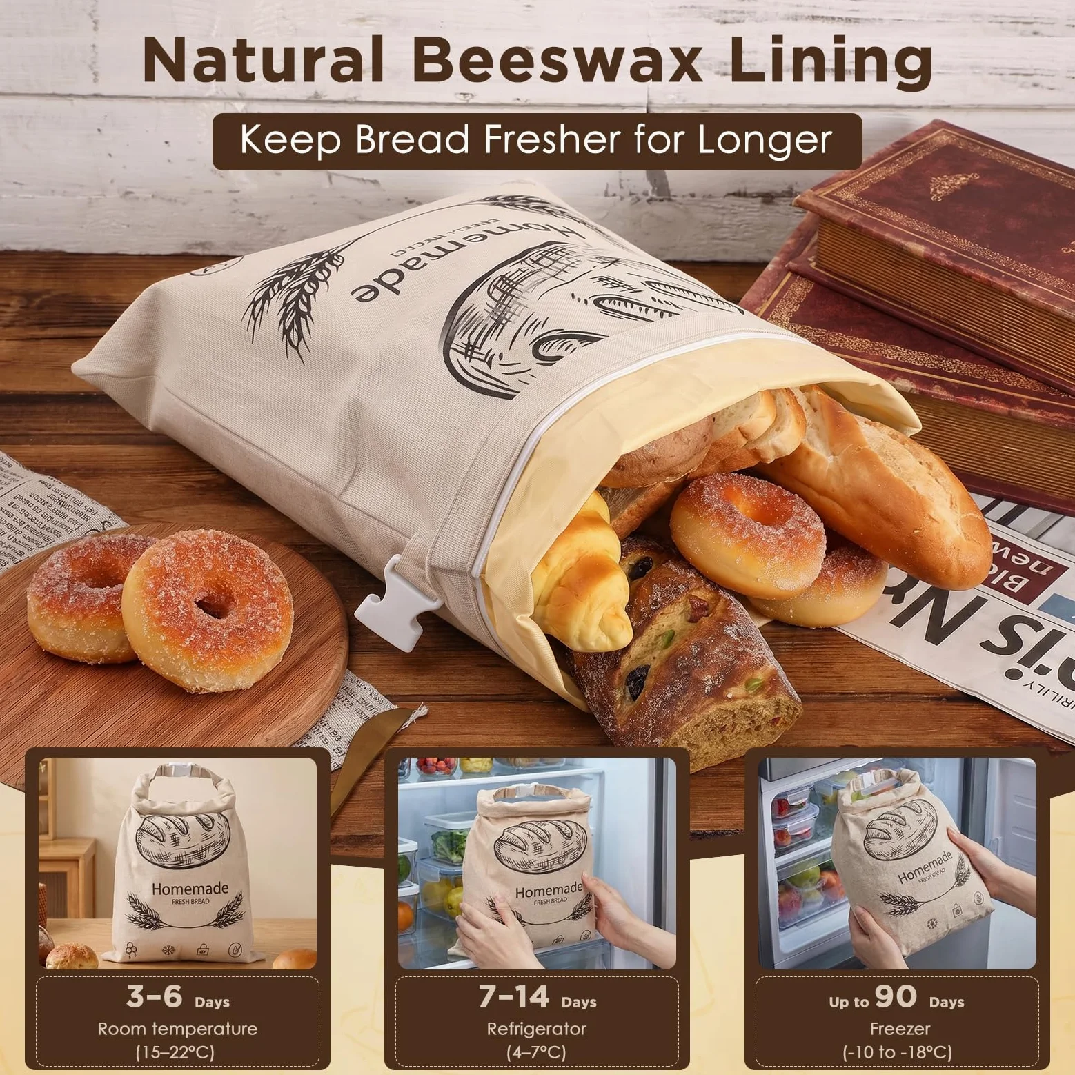 Lot di 2 Sacchetto Pane Cera D'api con Zip, 43×33 cm Sacchetti per Pane in Cera D'api, Congelatore, per Pane a Lievitazione Naturale Fatto in Casa