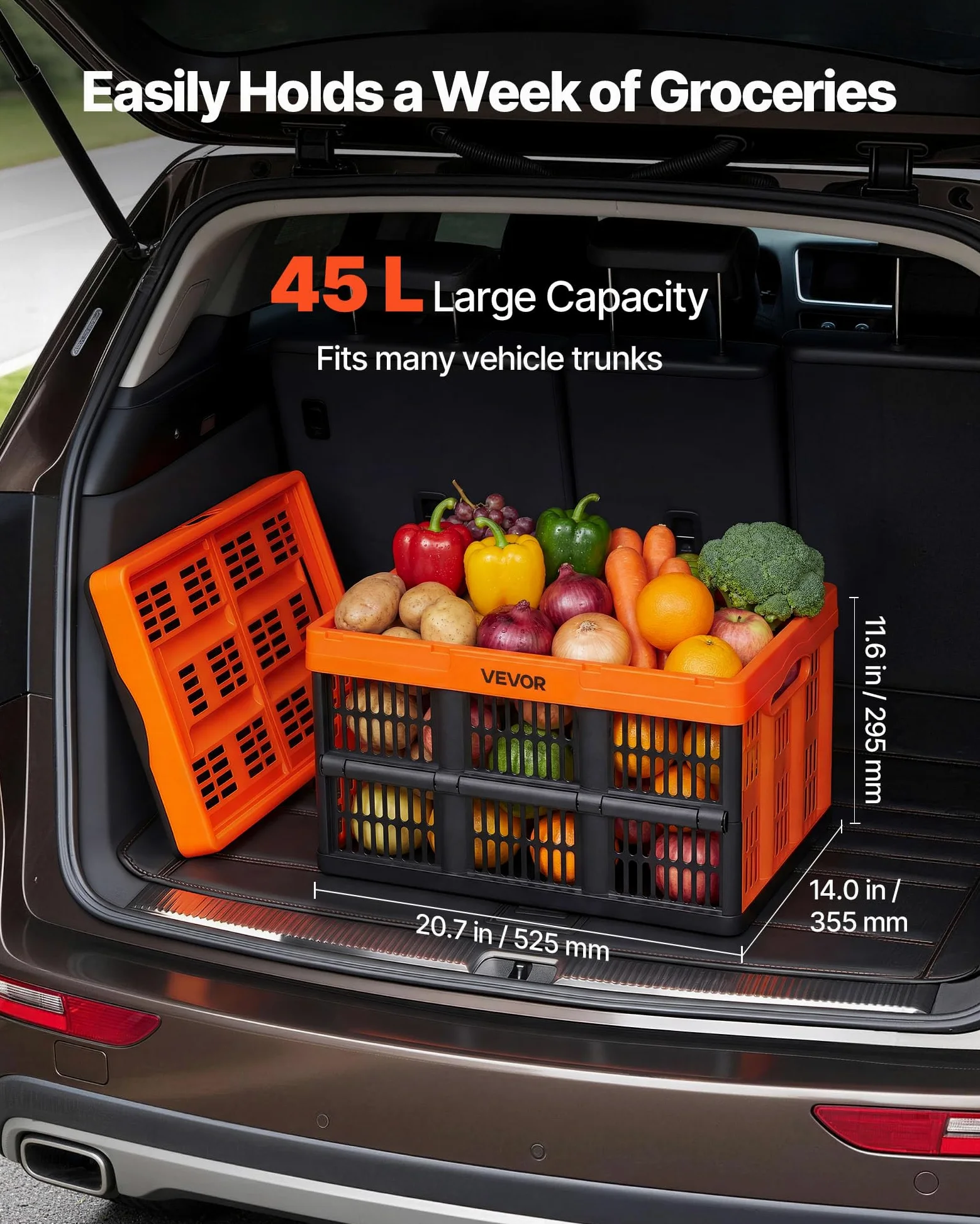 VEVOR Scatole Portaoggetti Pieghevoli in Plastica 45 L, Cassette Pieghevoli Impilabili con Maniglie, Confezione da 6, Portata Massima 15 kg, Cestini Contenitori Pieghevoli Resistenti e Salvaspazio