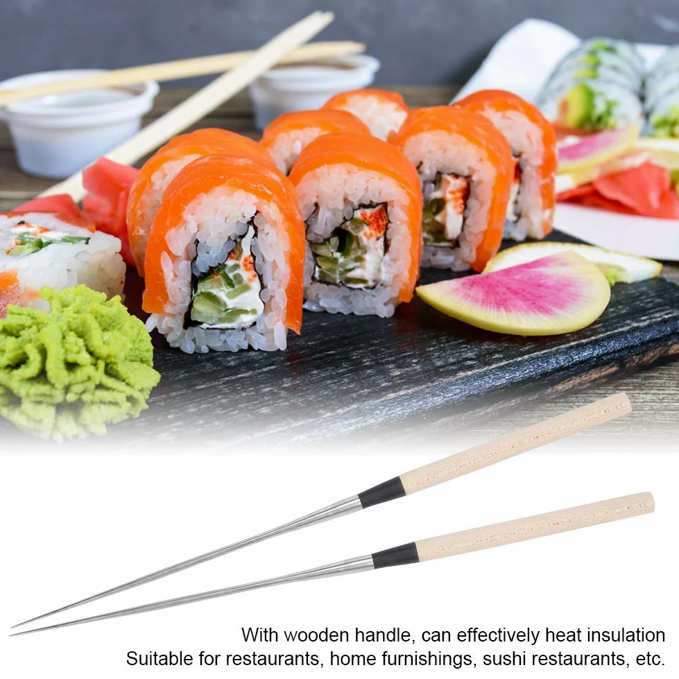 Ejoyous Bacchette in Acciaio Inossidabile con Manico in Legno Bacchette per Sushi Giapponesi 304 Punte Appuntite per per Alimenti 2 Dimensioni per la di Casa Ristorante Servire (Grande 30 cm)