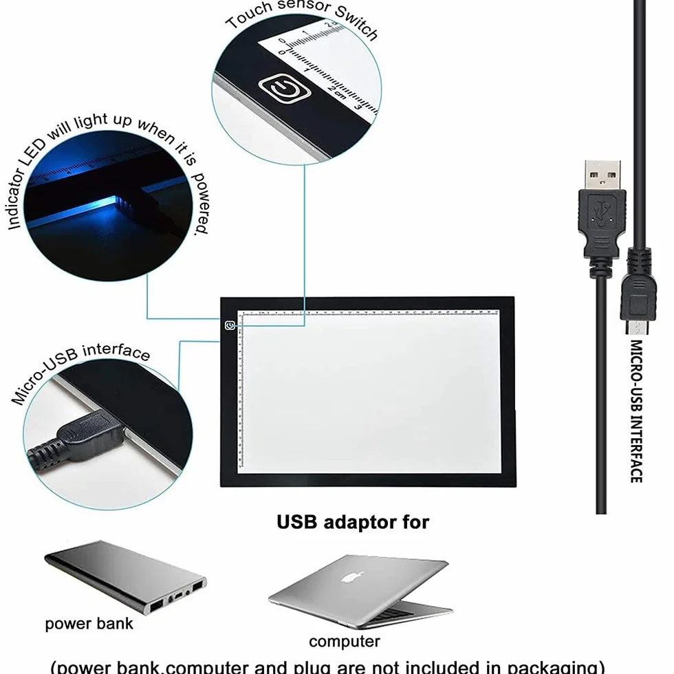 Light Box LED Light Pad di Disegno, Tavola Luminosa A3 con Luminosità Regolabile 47x34,5x0,5 cm