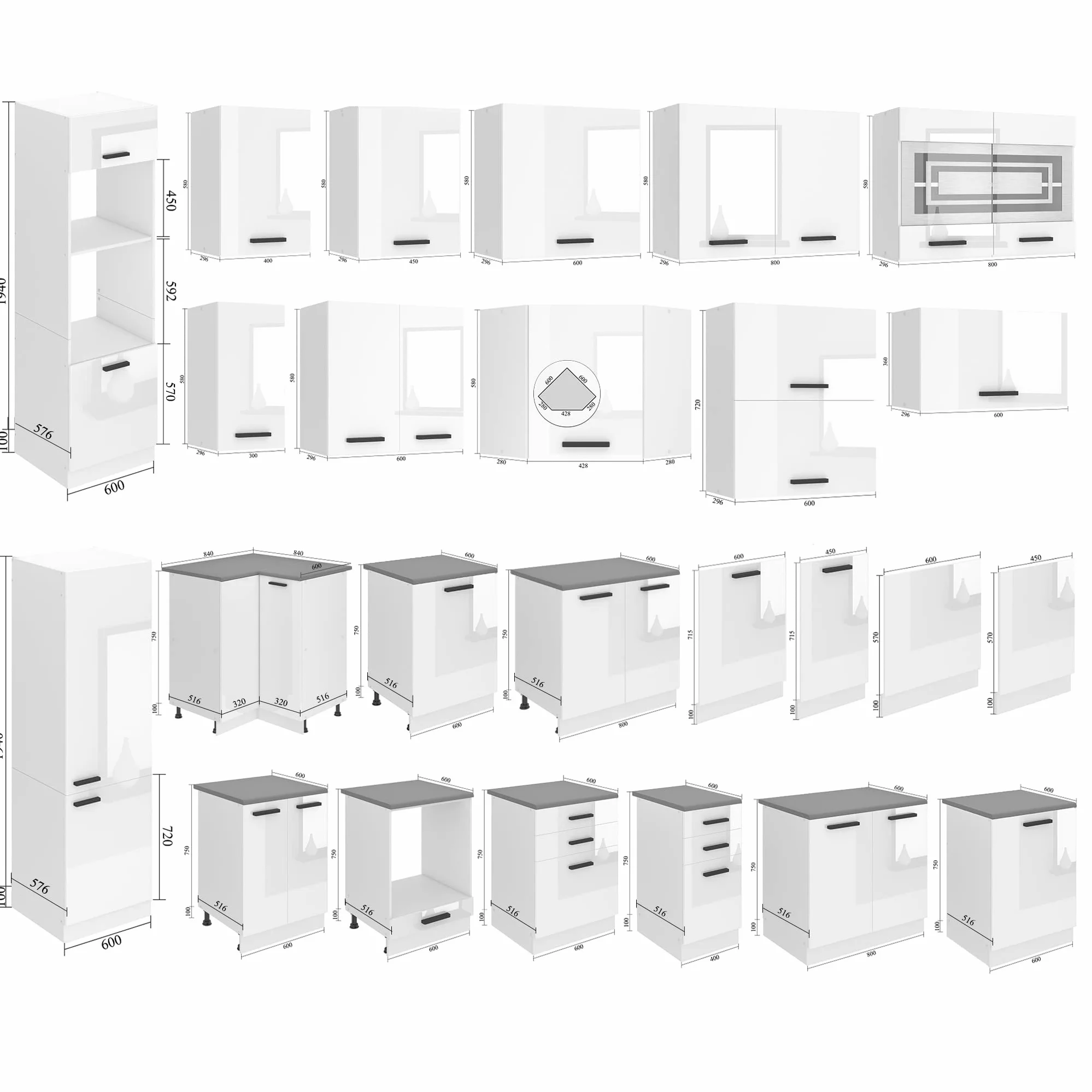 Belini, Rose - Cucina monoblocco, 300 cm, cucina componibile, senza elettrodomestici, con armadietti pensili e mobiletti, senza piani di lavoro, bianco lucido