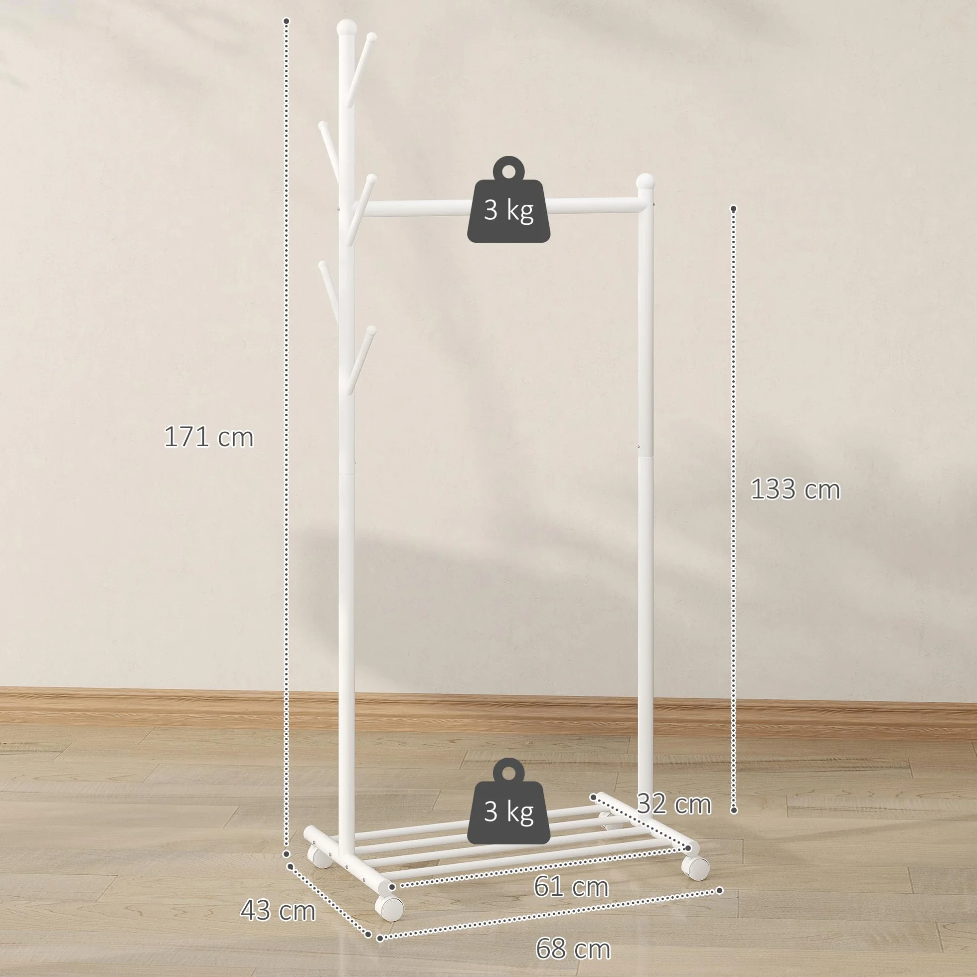 HOMCOM Appendiabiti da Terra con Ruote, Stender per Abiti con 5 Ganci e Ripiano Inferiore Porta Scarpe, per Camera, Ingresso e Corridoio, Bianco