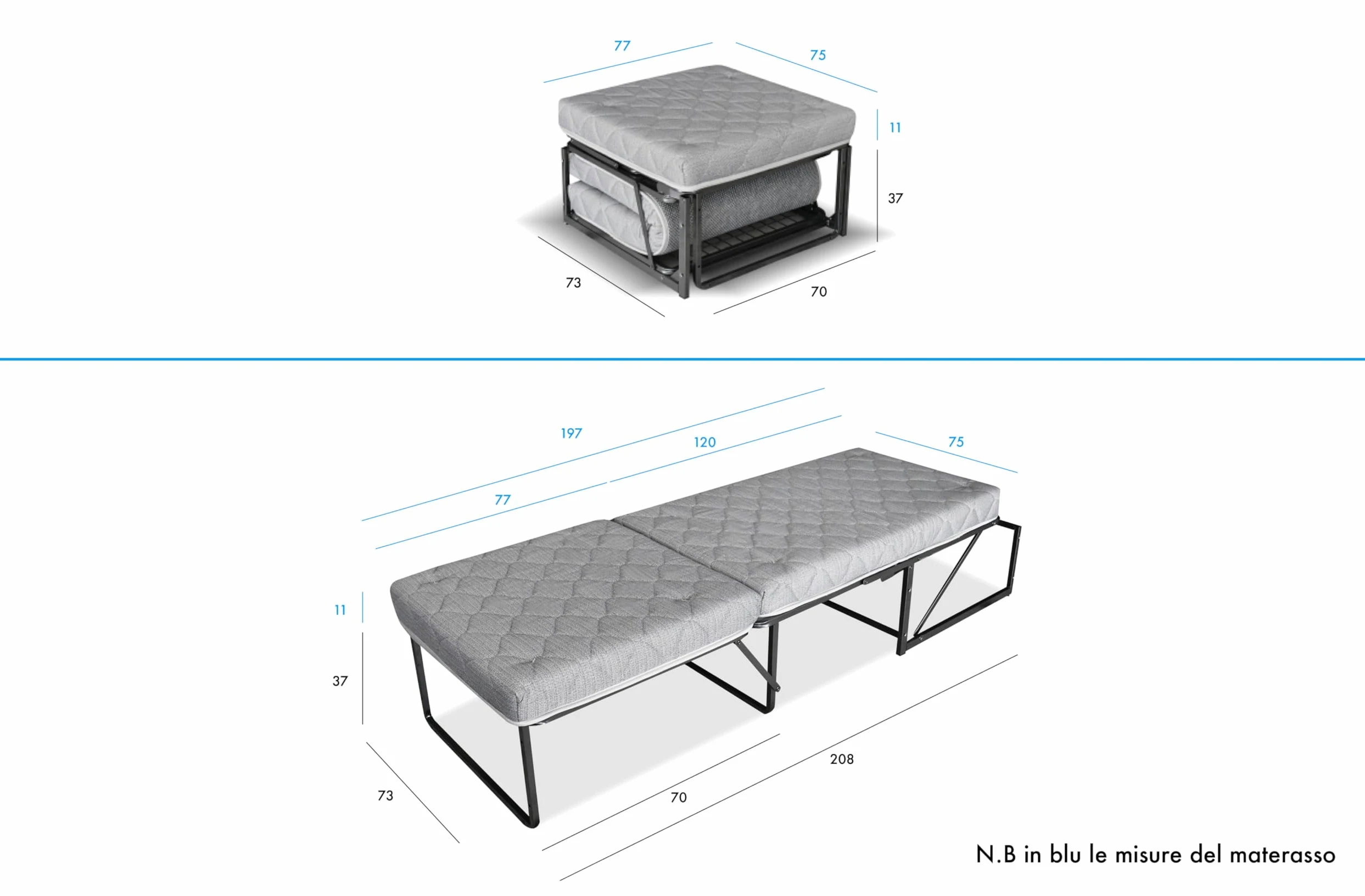 Nuvole di Sonno- Pouf Letto Reverso con Materasso in Waterfoam Alto 11 cm, Tessuto Sfoderabile e Lavabile, Rete Ortopedica Pieghevole, Salvaspazio per Camera e Soggiorno, Design Moderno Made in Italy