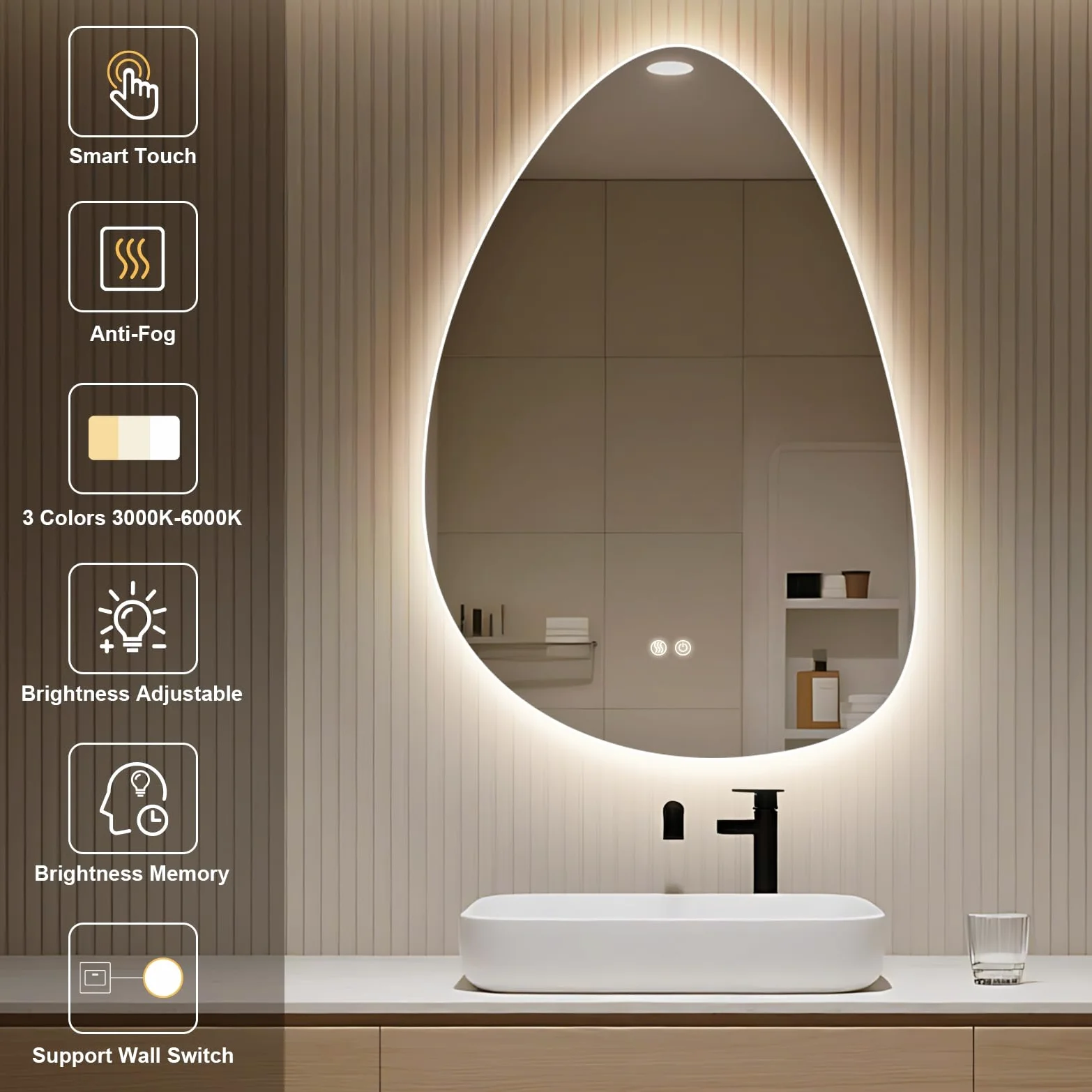Specchio Bagno con Luce, LED Specchio Ovale da Parete, Smart Mirror, Antifog, Dimmerabile 3 Colori, Vetro Temperato HD, Orizzontale/Verticale (Irregolare, 80 x 55 cm)