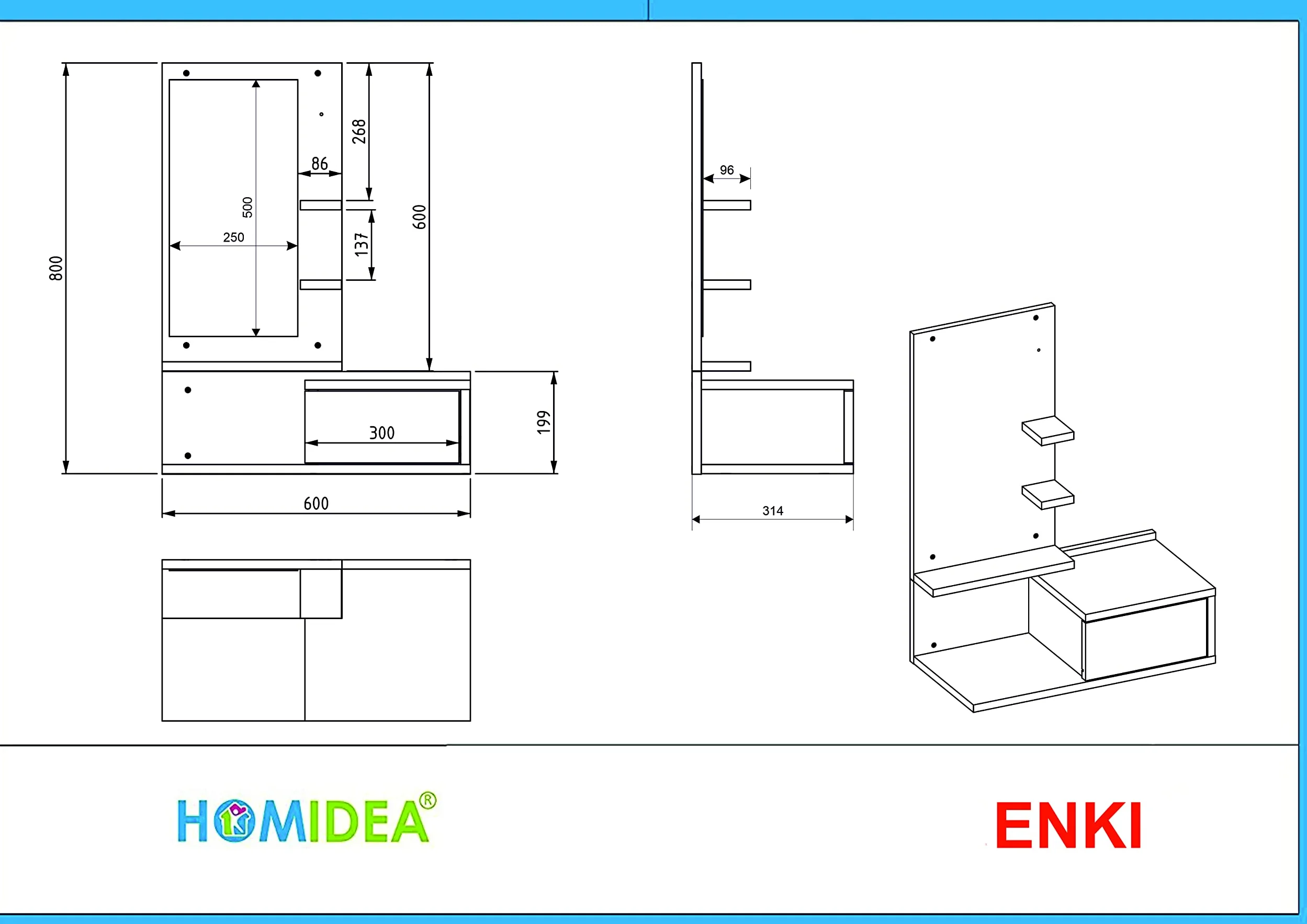 HOMIDEA ENKI Mobile sospeso per corridoio - Armadio con specchio - Armadio a parete per ingresso con cassetto, specchio e ripiano dal design moderno (bianco/bianco)