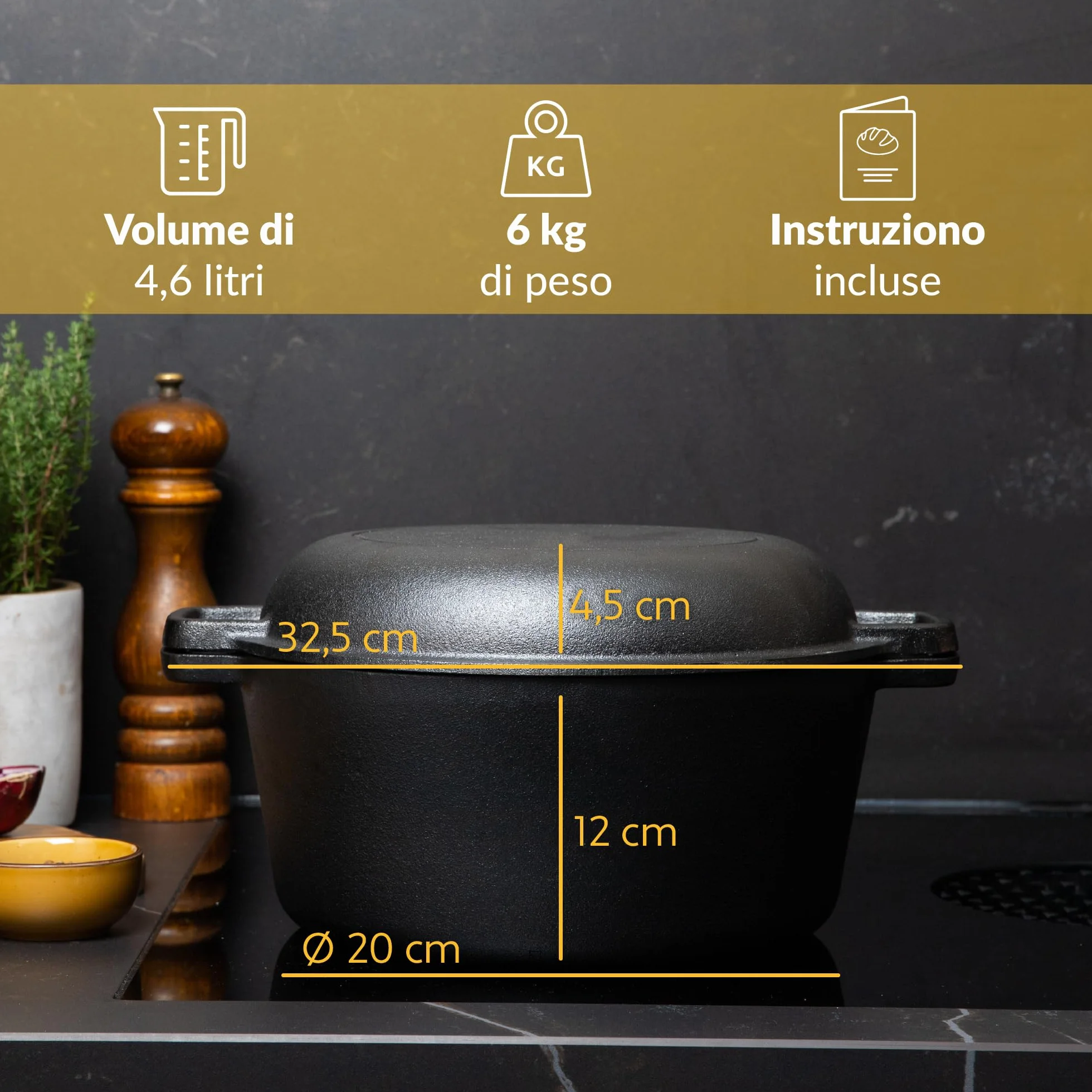 Chefarone Pentola in Ghisa 26 cm 4,6 l con Cestino per Lievitazione e Spatola – Pentola per Pane con Coperchio, Induzione e Forno – Multiuso per Cuocere, Arrostire, Brasare