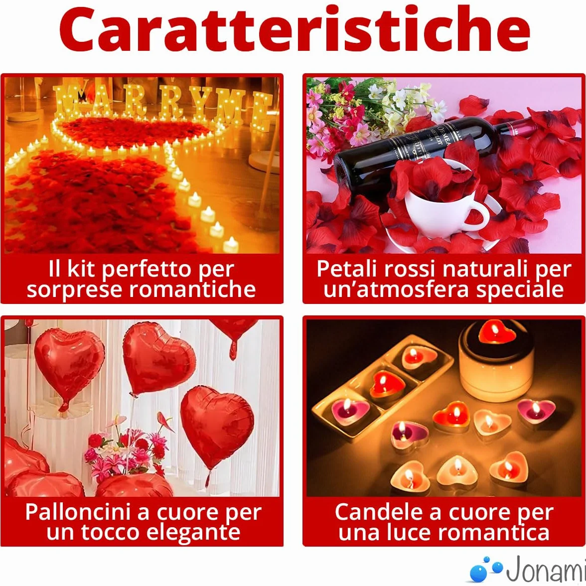 Kit Romantico di 50 Candeline a Forma di Cuore + 1000 Petali di Rosa di Seta + 5 Palloncini Rossi - Decorazioni per Matrimonio, San Valentino e Fidanzamento