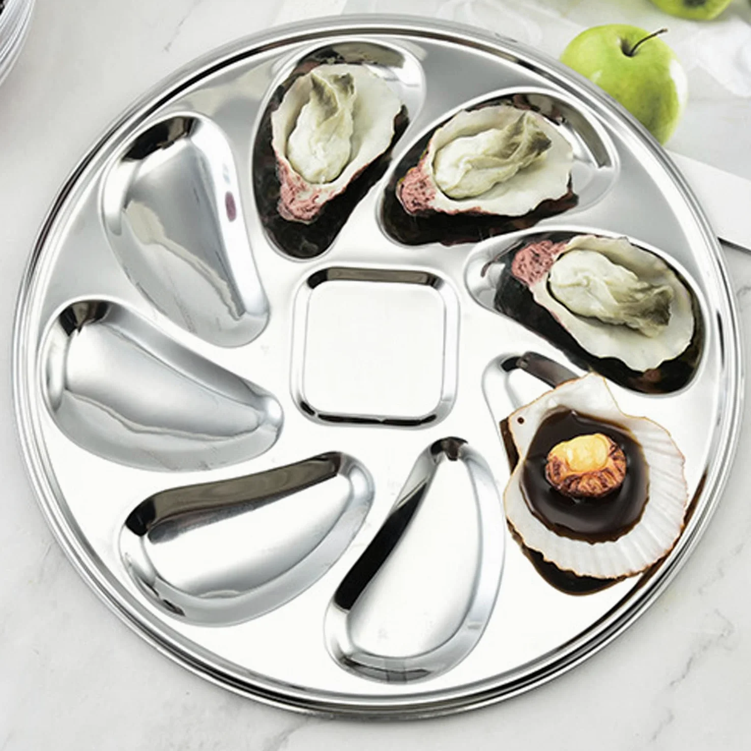 Piatto per Ostriche, Contenitore per Ostriche in Acciaio Inossidabile, con Coltello da Ostriche e 9 Fessure, Vassoio per Ostriche per Posizionare Ostriche, Capesante, Vongole, Salsa di Soia
