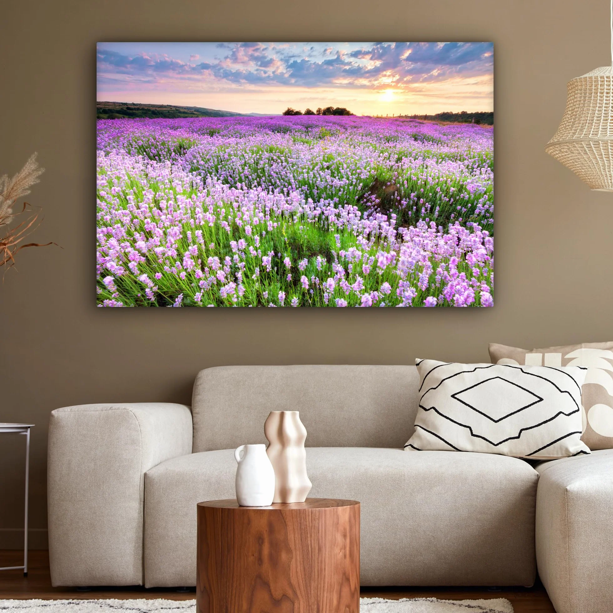 MuchoWow© Quadro su Tela 120x80 cm Stampe da Parete Quadri Cucina Camera da Letto Dipinto Arredamento Casa Fiori - Lavanda - Viola - Cielo - Tramonto - Prato - Natura