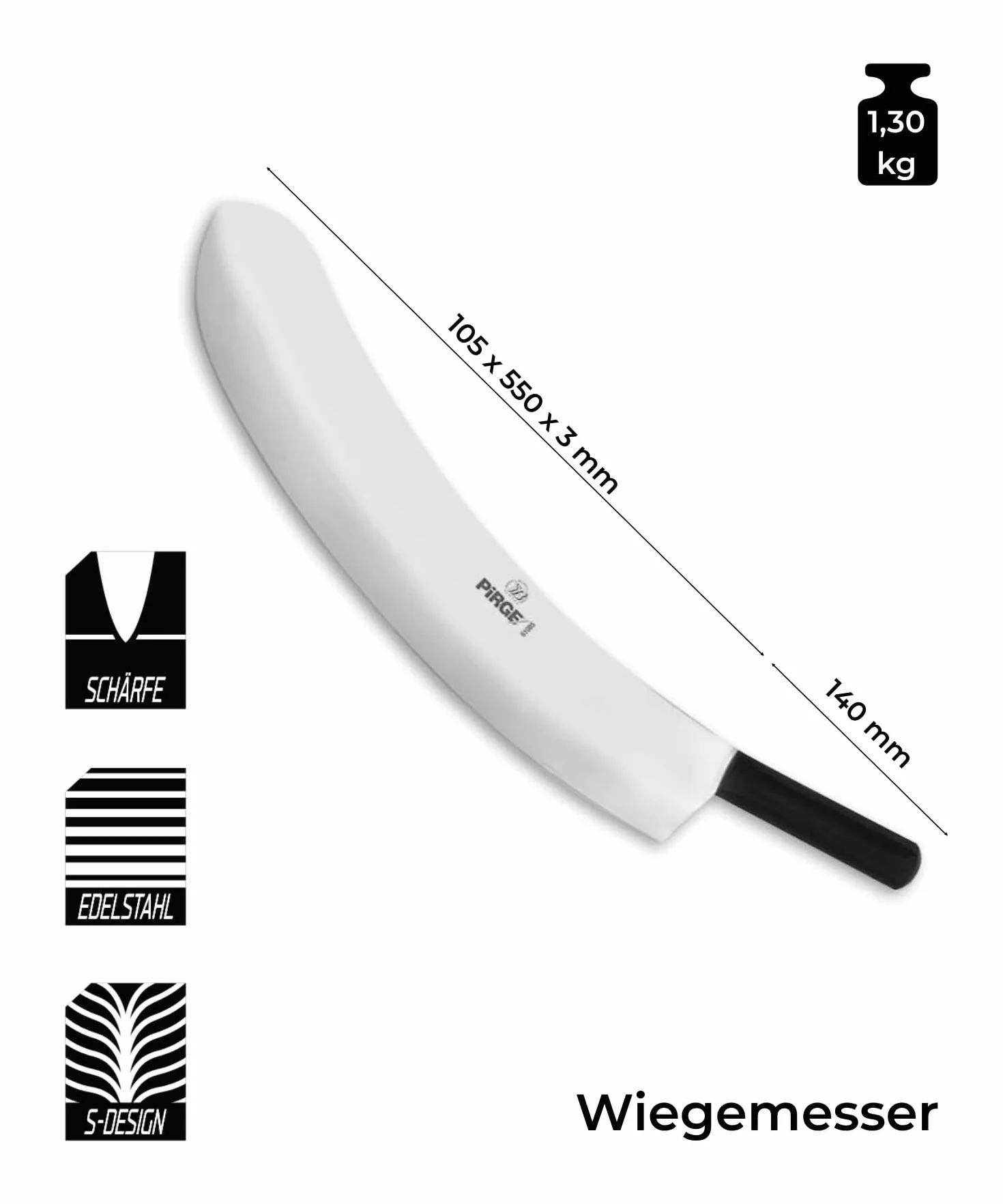 Pirge Ecco Mezzaluna Cucina Grande per Carne 55 cm - Coltello Monolama per Erbe, Macellaio, Cucina Professionale - Coltello da Cucina in Acciaio Inossidabile - Design Ergonomico con Manico in Plastica