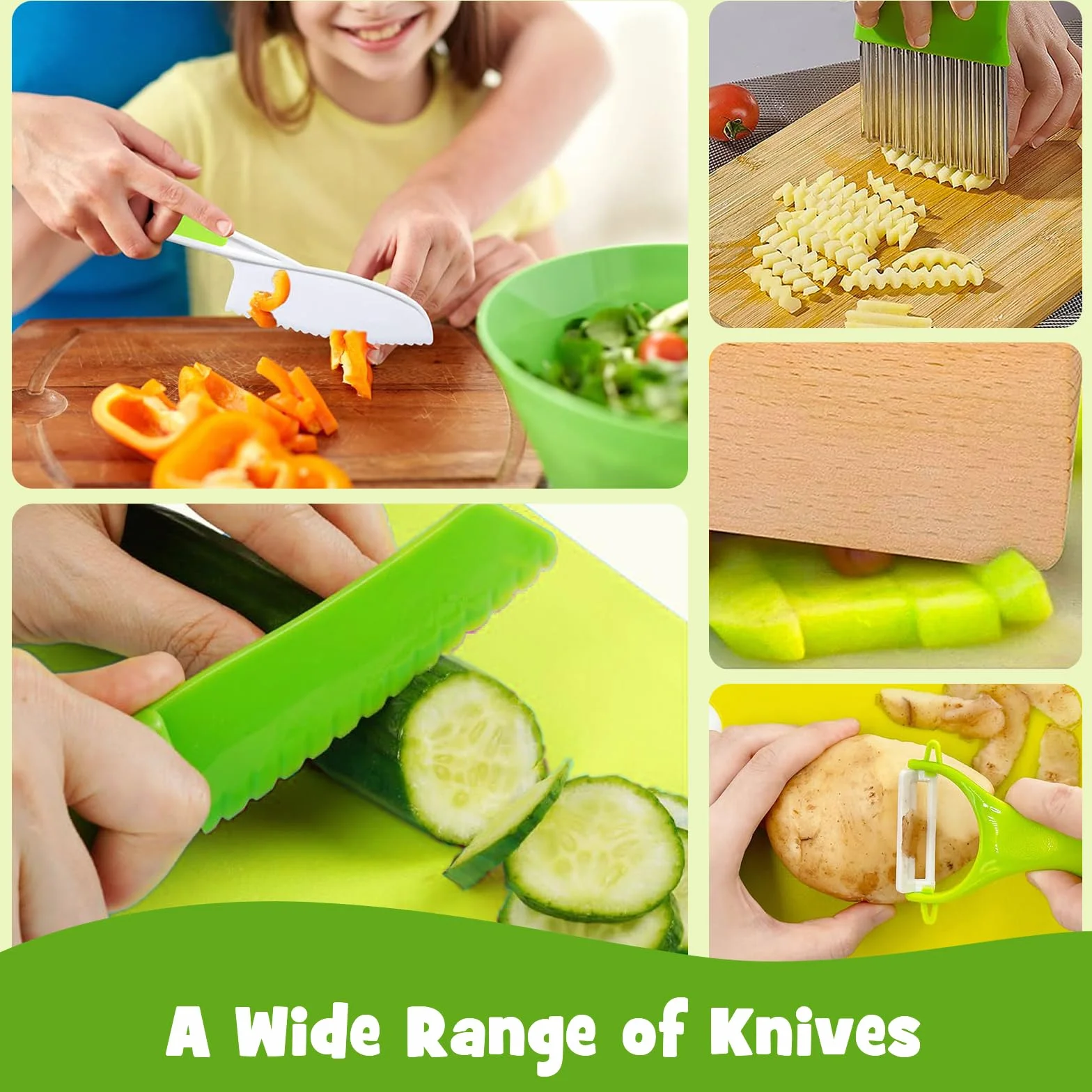 Coltelli da Cucina per Bambini, Purphy Set di 17 Coltelli per Bambini, Coltelli Bambini per Tagliare con Coltello Bambini Coltello in Legno, Tagliere Pelapatate, ecc.per Tagliare Frutta o Verdura